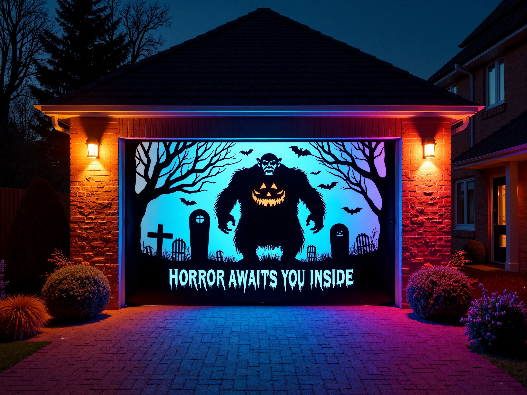 A H4ll0w5D00r style high-resolution photograph of an illuminated Halloween-themed garage door at night. The door is adorne...