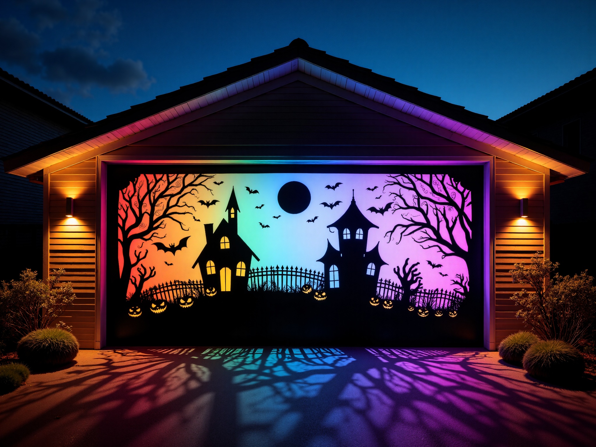 A H4ll0w5D00r style high-resolution photograph of a garage door with a Halloween-themed silhouette of A haunted house in a...