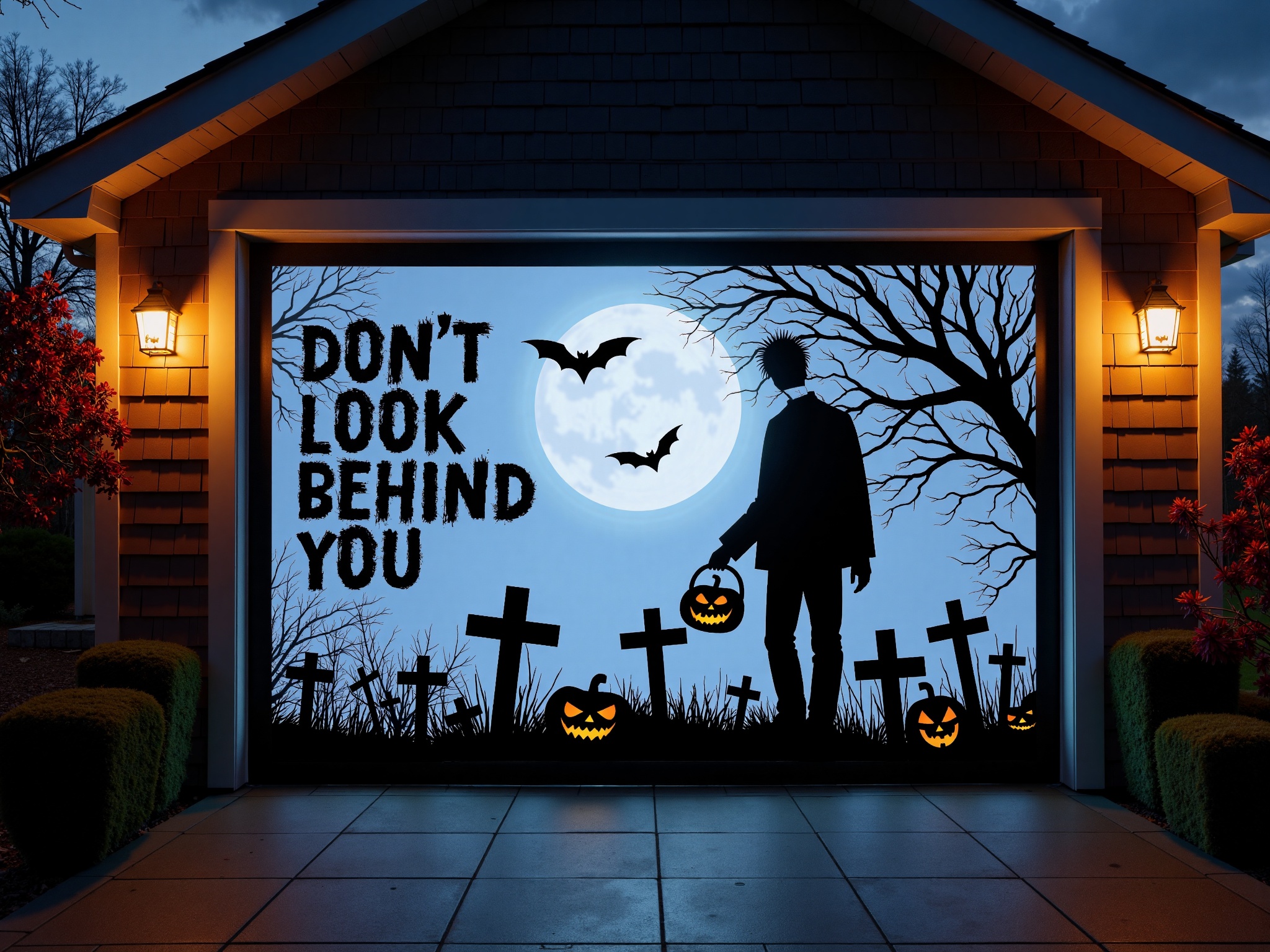A H4ll0w5D00r style high-resolution photograph of a garage door with a Halloween-themed silhouette of a decapitated man ho...