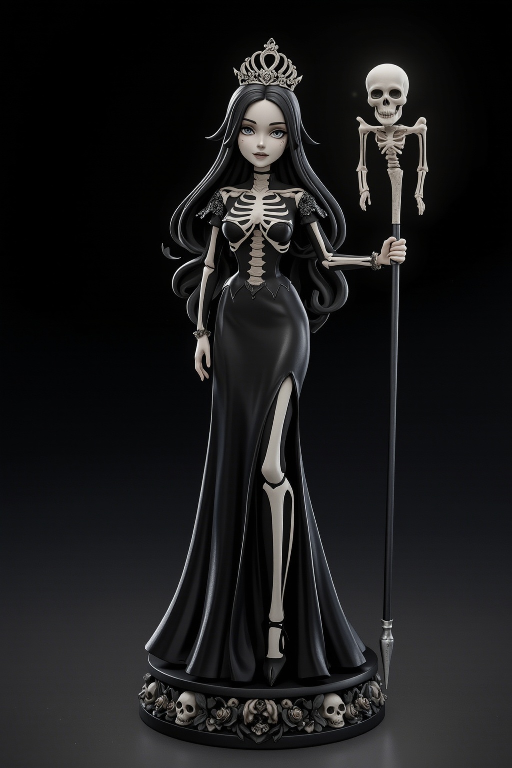 An anime-style figure of a skeletal princess, wearing a flowing black gown with lace details and a skeletal tiara. Her bones are intricately sculpted, with a soft glowing effect around her ribcage and eyes. She holds a glowing staff topped with a skull in one hand, and her pose is both elegant and sinister. The base features a gothic design with roses and skulls, creating a dark, regal atmosphere.

