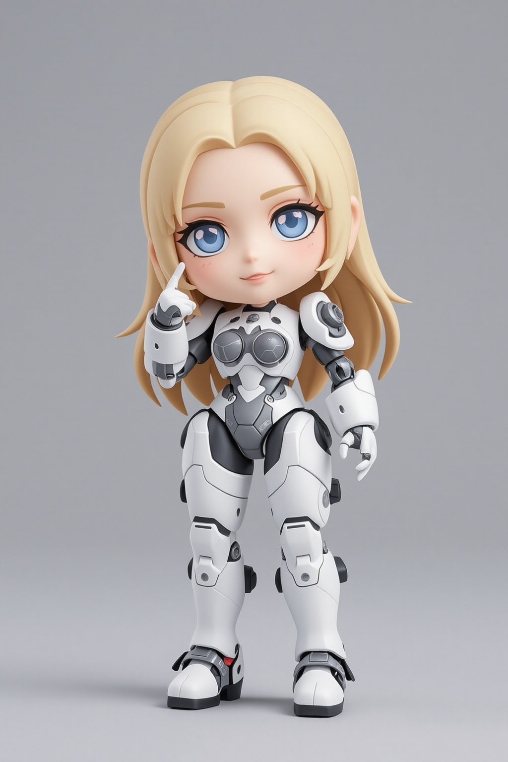1girl. 3D. chibi, White mecha, mechanical joints, futuristic, blonde, long hair, gray background, smile, thank you pose,