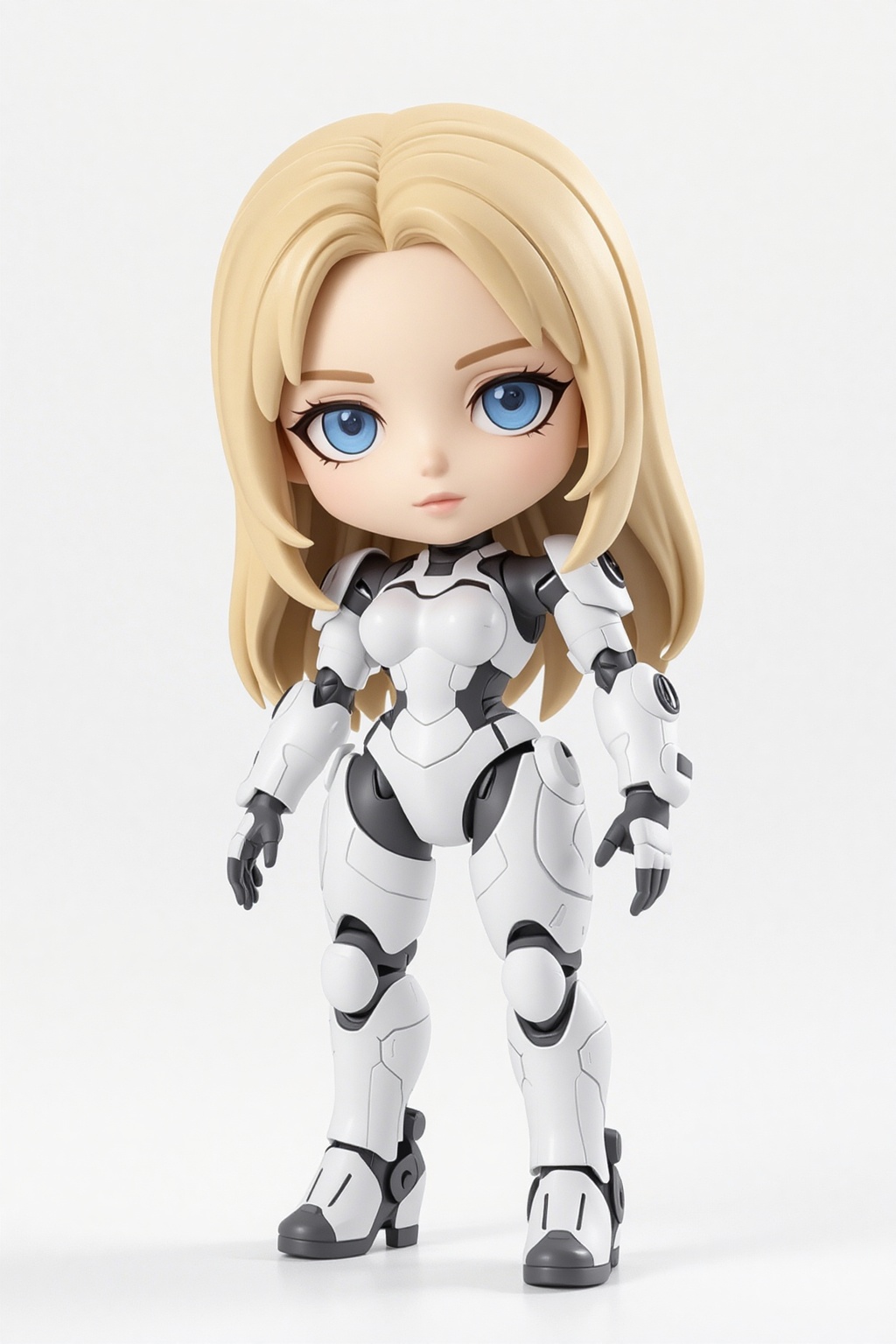 1girl. 3D. chibi, White mecha, mechanical joints, futuristic, blonde, long hair,