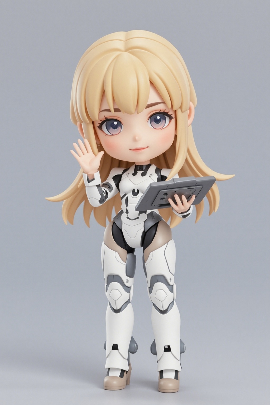 1girl. 3D. chibi, White mecha, mechanical joints, futuristic, blonde, long hair, gray background, smiling, waving gesture, holding a giant drawing tablet brush in his hand,