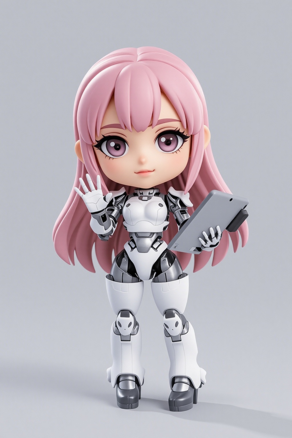 1girl. 3D. chibi, White mecha, mechanical joints, futuristic, pink_hair, long hair, gray background, smiling, waving gesture, holding a giant drawing tablet brush in his hand,