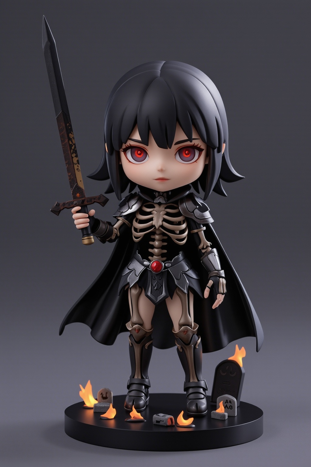 1girl. 3D. chibi, A high-quality anime-style figure of a skeletal knight, dressed in dark, tattered armor with glowing red eyes. His body is made of detailed skeletal parts, with glowing cracks running through the bones, giving him a haunting look. He holds a rusted sword in one hand, and his tattered cape flows behind him. The figure stands on a minimalistic base adorned with glowing embers and small gravestones, capturing the eerie presence of a fallen knight risen from the dead.
