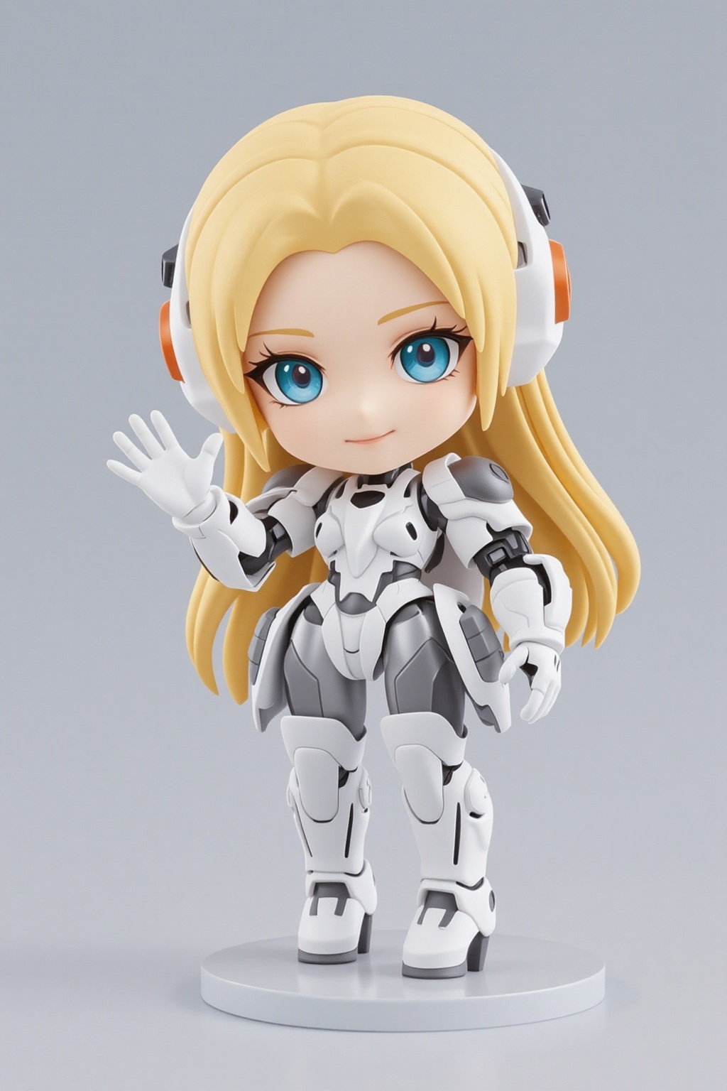 1girl. 3D. chibi, White mecha, mechanical joints, futuristic, blonde, long hair, gray background, smiling, waving gesture, 