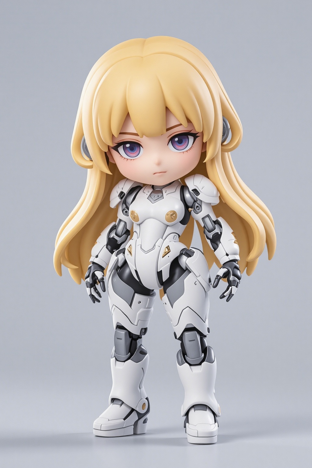 1girl. 3D. chibi, White mecha, mechanical joints, futuristic, blonde, long hair, gray background,