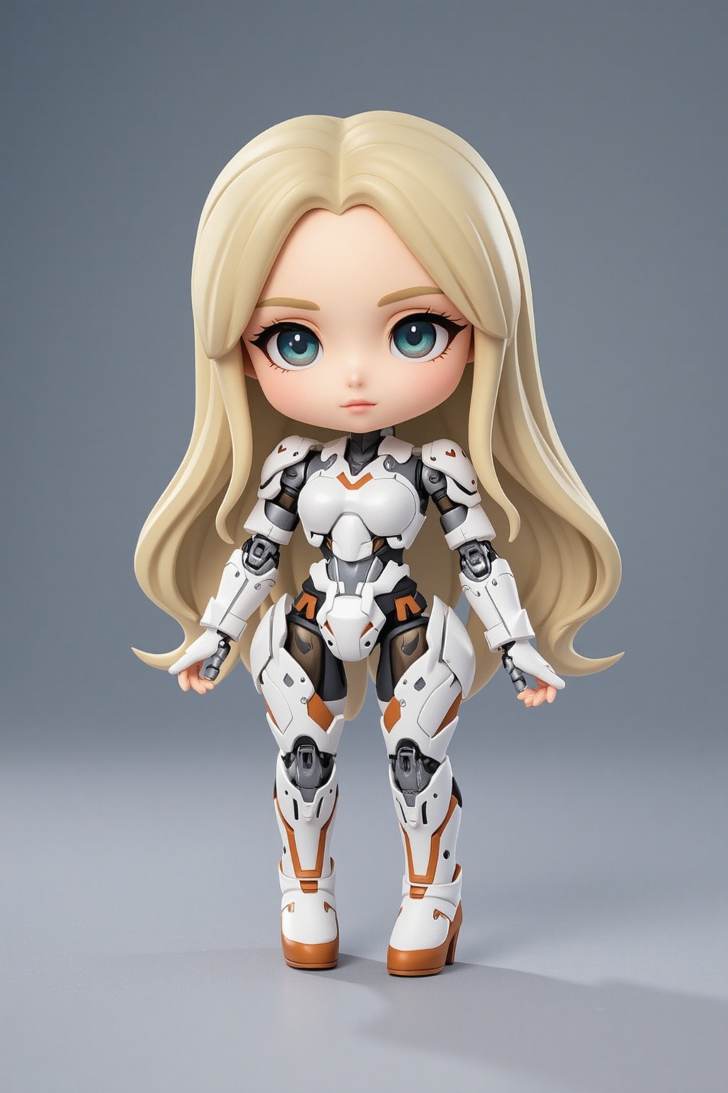 1girl. 3D. chibi, White mecha, mechanical joints, futuristic, blonde, long hair,