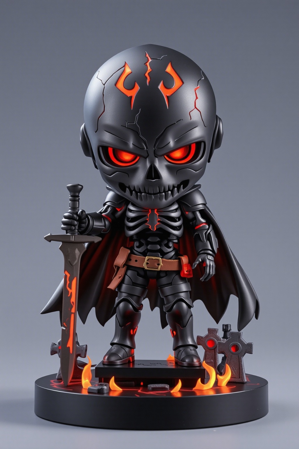 3D. chibi, A high-quality anime-style figure of a skeletal knight, dressed in dark, tattered armor with glowing red eyes. His body is made of detailed skeletal parts, with glowing cracks running through the bones, giving him a haunting look. He holds a rusted sword in one hand, and his tattered cape flows behind him. The figure stands on a minimalistic base adorned with glowing embers and small gravestones, capturing the eerie presence of a fallen knight risen from the dead.
