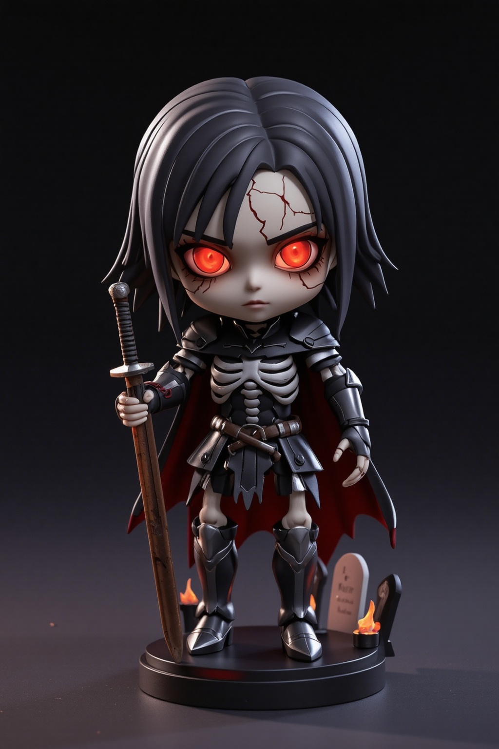 3D. chibi, A high-quality anime-style figure of a skeletal knight, dressed in dark, tattered armor with glowing red eyes. His body is made of detailed skeletal parts, with glowing cracks running through the bones, giving him a haunting look. He holds a rusted sword in one hand, and his tattered cape flows behind him. The figure stands on a minimalistic base adorned with glowing embers and small gravestones, capturing the eerie presence of a fallen knight risen from the dead.
