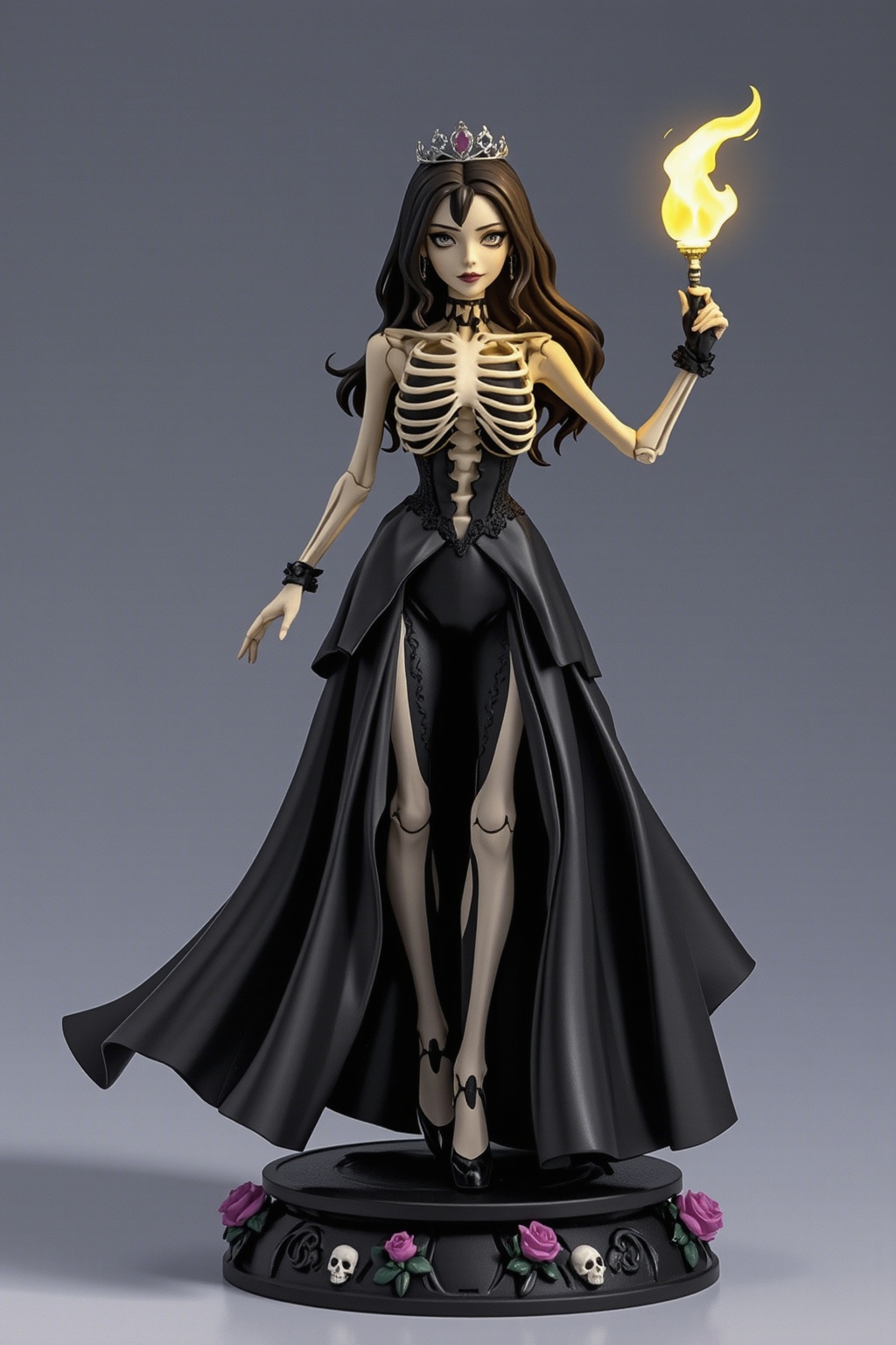 An anime-style figure of a skeletal princess, wearing a flowing black gown with lace details and a skeletal tiara. Her bones are intricately sculpted, with a soft glowing effect around her ribcage and eyes. She holds a glowing staff topped with a skull in one hand, and her pose is both elegant and sinister. The base features a gothic design with roses and skulls, creating a dark, regal atmosphere.
