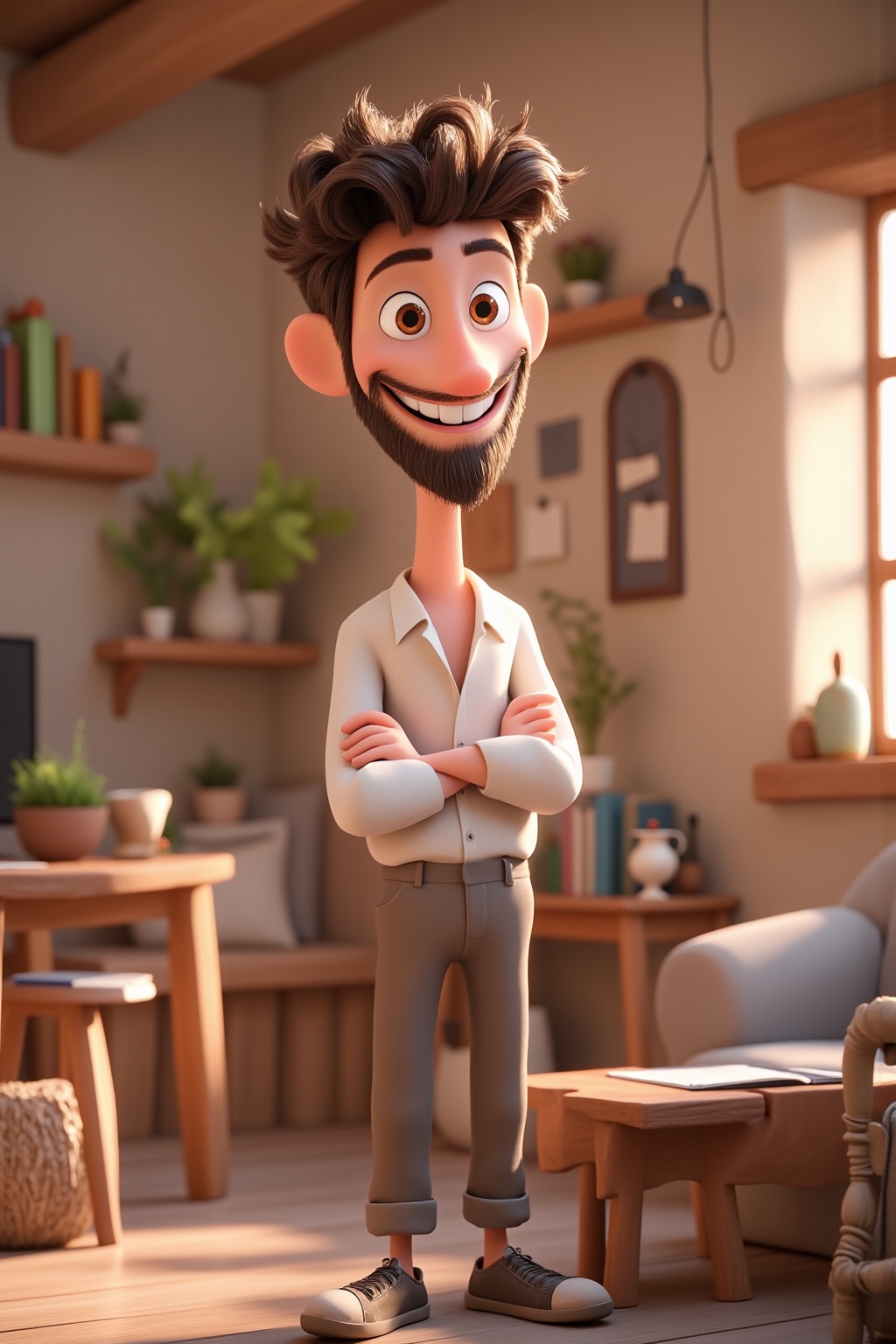 A bright and confident young British father with big eyes and a refined,  intellectual appearance,  standing in a cozy on...