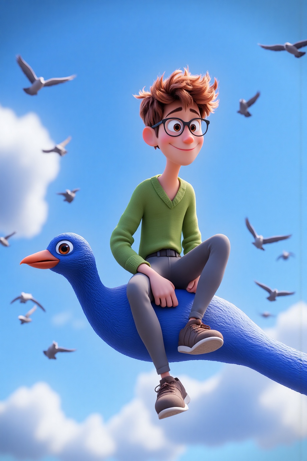 A young boy with red hair and glasses,  wearing a green sweater,  sits on the back of a blue bird in the style of a Pixar...