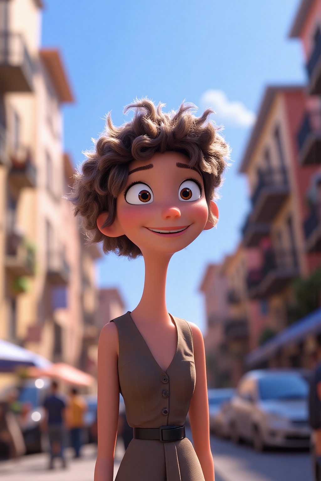 closeup a girl standing on the city background,  smilling ,  disney pixar animation on Tensor.Art