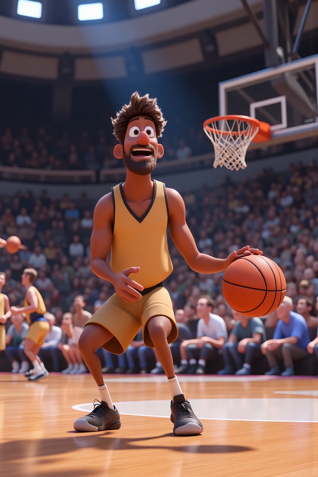 man is dribbling a basketball at a basketball tournament,  a big tournament,  disney pixar animation on Tensor.Art