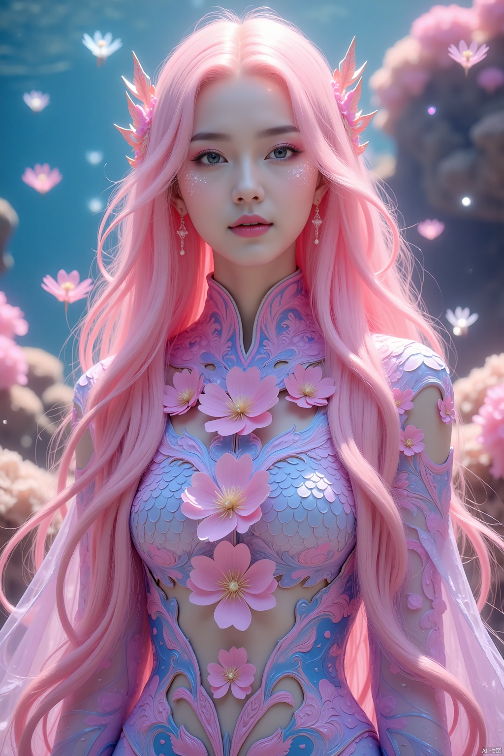 A mesmerizing underwater scene: a single girl stands majestically amidst the vibrant coral reef, her long hair flowing like seaweed in the pink mist. Her pink locks cascade down her back, while her upper body is adorned with a flowing shirt that appears to be made of iridescent sea scales. The flowers on her shirt seem to bloom in harmony with the colorful coral formations. Sharp focus and ultra-fine painting bring every detail into crystal clarity, as if gazing through an 8K lens. Studio lighting enhances the subject's features, casting a warm glow on her face. Every strand of hair, every petal, and every scale is exquisitely rendered in masterful detail, making this a true masterpiece of fantasy art.,shiny pantyhose,luoxue