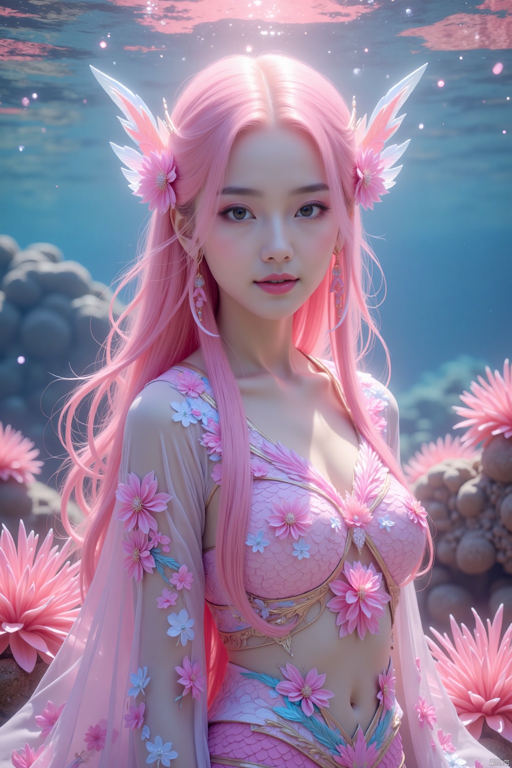 A mesmerizing underwater scene: a single girl stands majestically amidst the vibrant coral reef, her long hair flowing like seaweed in the pink mist. Her pink locks cascade down her back, while her upper body is adorned with a flowing shirt that appears to be made of iridescent sea scales. The flowers on her shirt seem to bloom in harmony with the colorful coral formations. Sharp focus and ultra-fine painting bring every detail into crystal clarity, as if gazing through an 8K lens. Studio lighting enhances the subject's features, casting a warm glow on her face. Every strand of hair, every petal, and every scale is exquisitely rendered in masterful detail, making this a true masterpiece of fantasy art.,shiny pantyhose,luoxue