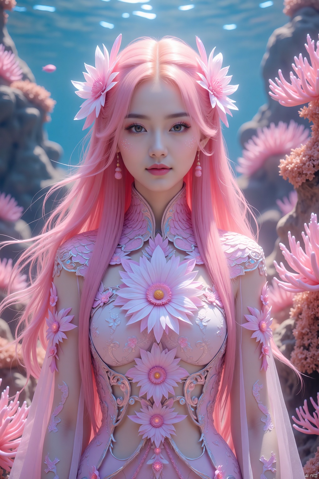 A mesmerizing underwater scene: a single girl stands majestically amidst the vibrant coral reef, her long hair flowing like seaweed in the pink mist. Her pink locks cascade down her back, while her upper body is adorned with a flowing shirt that appears to be made of iridescent sea scales. The flowers on her shirt seem to bloom in harmony with the colorful coral formations. Sharp focus and ultra-fine painting bring every detail into crystal clarity, as if gazing through an 8K lens. Studio lighting enhances the subject's features, casting a warm glow on her face. Every strand of hair, every petal, and every scale is exquisitely rendered in masterful detail, making this a true masterpiece of fantasy art.,shiny pantyhose,luoxue