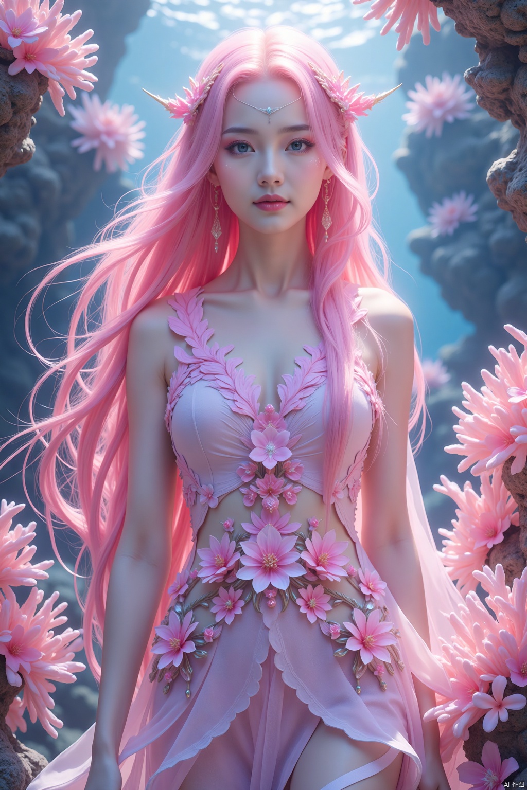 A mesmerizing underwater scene: a single girl stands majestically amidst the vibrant coral reef, her long hair flowing like seaweed in the pink mist. Her pink locks cascade down her back, while her upper body is adorned with a flowing shirt that appears to be made of iridescent sea scales. The flowers on her shirt seem to bloom in harmony with the colorful coral formations. Sharp focus and ultra-fine painting bring every detail into crystal clarity, as if gazing through an 8K lens. Studio lighting enhances the subject's features, casting a warm glow on her face. Every strand of hair, every petal, and every scale is exquisitely rendered in masterful detail, making this a true masterpiece of fantasy art.,shiny pantyhose,luoxue