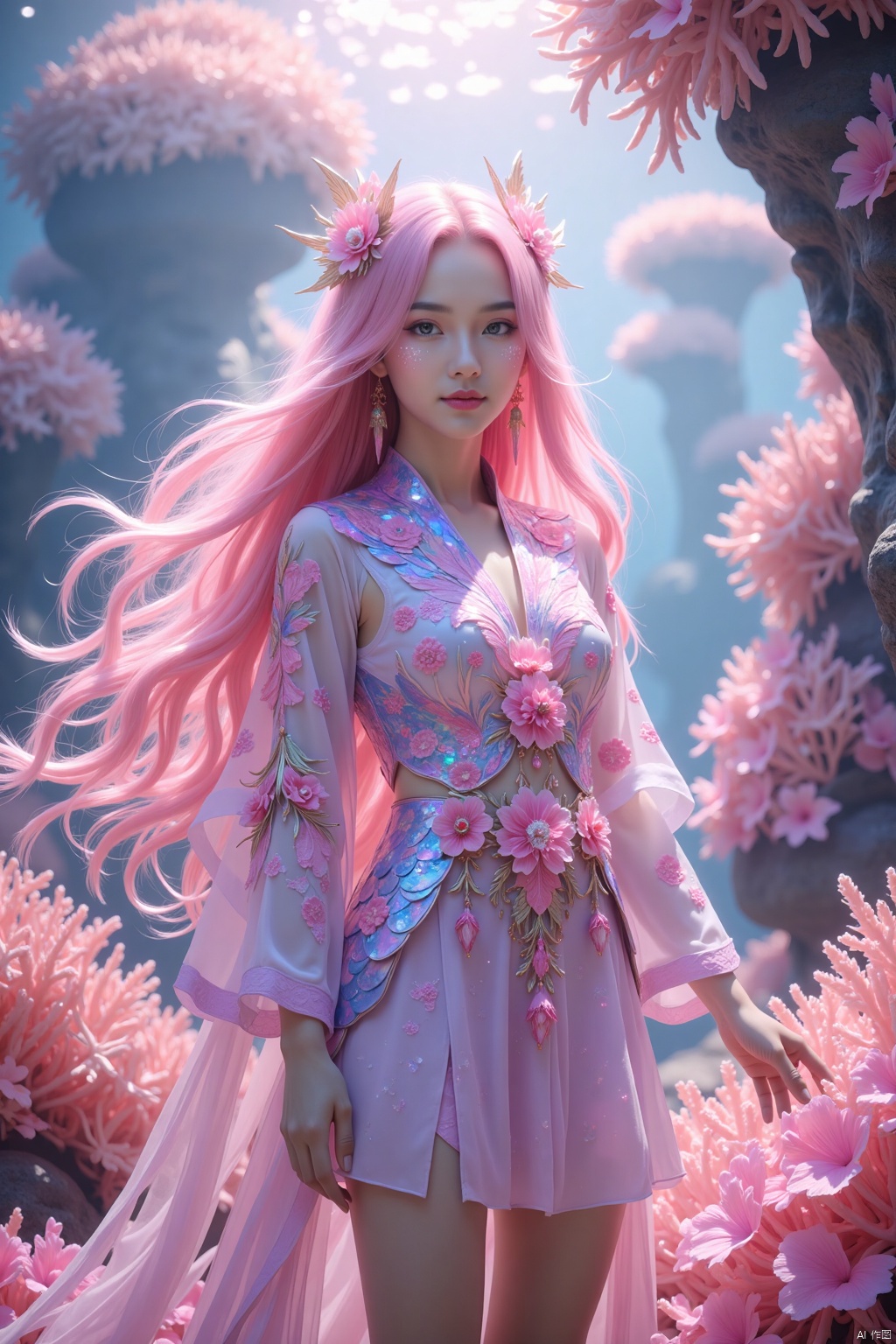 A mesmerizing underwater scene: a single girl stands majestically amidst the vibrant coral reef, her long hair flowing like seaweed in the pink mist. Her pink locks cascade down her back, while her upper body is adorned with a flowing shirt that appears to be made of iridescent sea scales. The flowers on her shirt seem to bloom in harmony with the colorful coral formations. Sharp focus and ultra-fine painting bring every detail into crystal clarity, as if gazing through an 8K lens. Studio lighting enhances the subject's features, casting a warm glow on her face. Every strand of hair, every petal, and every scale is exquisitely rendered in masterful detail, making this a true masterpiece of fantasy art.,shiny pantyhose,luoxue