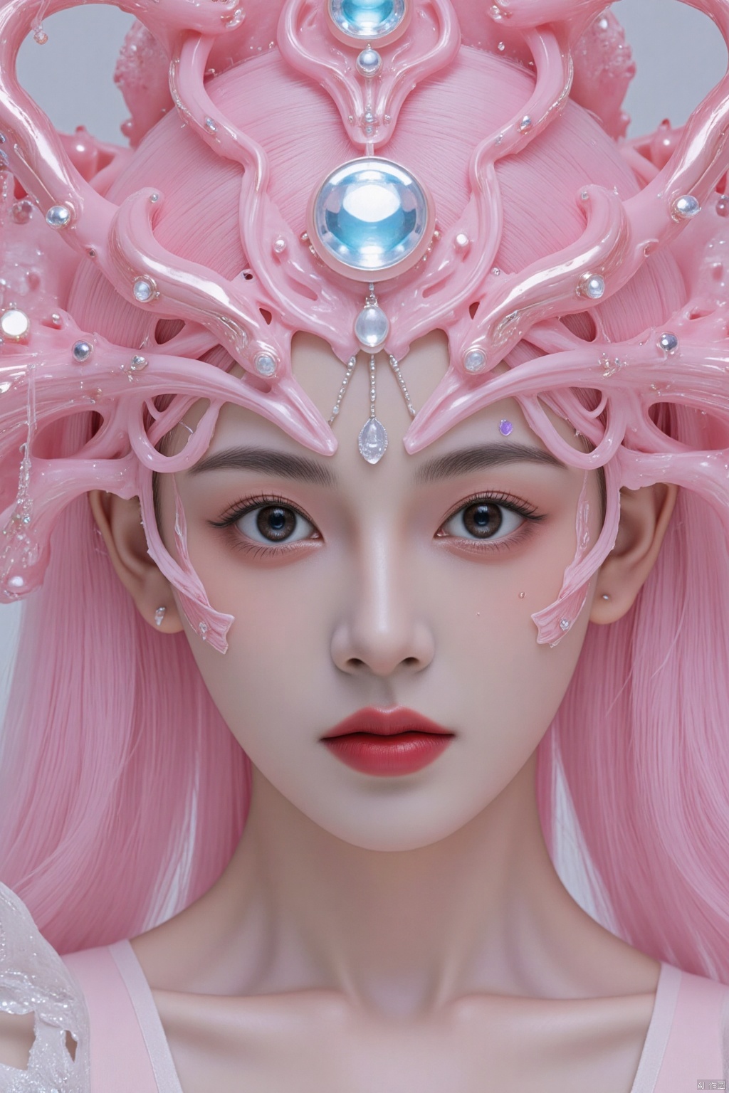 (8k, RAW photo, highest quality),hyperrealistic abstract style portrait of an otherworldly being with metallic skin,glowing orbs for eyes,and intricate fractal patterns emanating from their face,non-representational,colors and shapes,expression of feelings,imaginative,highly detailed,(pink Fluorescent eyeshadow:1.2),eyeliner,makeup,lipstick,watery eyes,(Mole under eye:1.2),(seductive_smile:1.2),1girl,