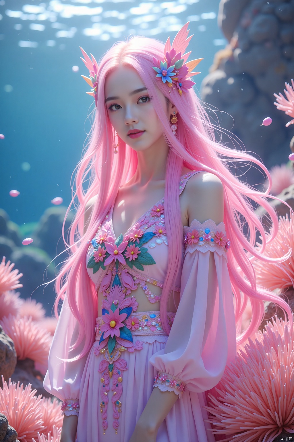 A mesmerizing underwater scene: a single girl stands majestically amidst the vibrant coral reef, her long hair flowing like seaweed in the pink mist. Her pink locks cascade down her back, while her upper body is adorned with a flowing shirt that appears to be made of iridescent sea scales. The flowers on her shirt seem to bloom in harmony with the colorful coral formations. Sharp focus and ultra-fine painting bring every detail into crystal clarity, as if gazing through an 8K lens. Studio lighting enhances the subject's features, casting a warm glow on her face. Every strand of hair, every petal, and every scale is exquisitely rendered in masterful detail, making this a true masterpiece of fantasy art.,shiny pantyhose,luoxue
