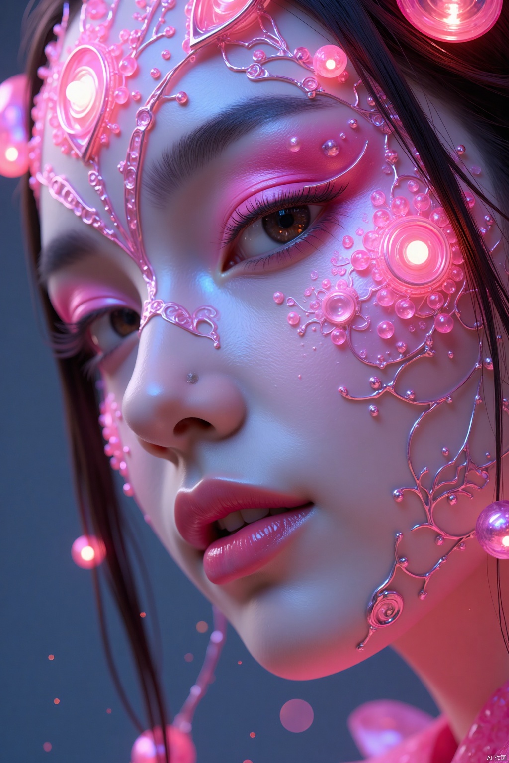 (8k, RAW photo, highest quality),hyperrealistic abstract style portrait of an otherworldly being with metallic skin,glowing orbs for eyes,and intricate fractal patterns emanating from their face,non-representational,colors and shapes,expression of feelings,imaginative,highly detailed,(pink Fluorescent eyeshadow:1.2),eyeliner,makeup,lipstick,watery eyes,(Mole under eye:1.2),(seductive_smile:1.2),1girl,