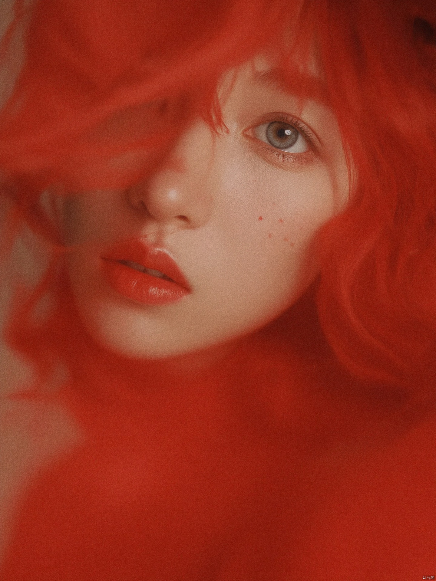 Fujifilm\(hubggirl)\, Captured on film, a masterpiece of intimacy: a stunning hubgwoman, 22 years old, poses solo in a close-up portrait with a fisheye lens (1.2). The red theme is amplified by her fiery locks, silver eyes, bold red lipstick, and subtle blush. Freckles scatter across her cheeks, adding to the whimsical charm. She dons a simple yet seductive red dress, showcasing her cleavage and natural skin texture. A light smile plays on her lips, exuding pure innocence. The shallow depth of field creates a dreamy atmosphere, with detailed lighting highlighting her features against a romantic red wall background. Intricate details abound in this cinematic masterpiece.hubg_beauty_face
