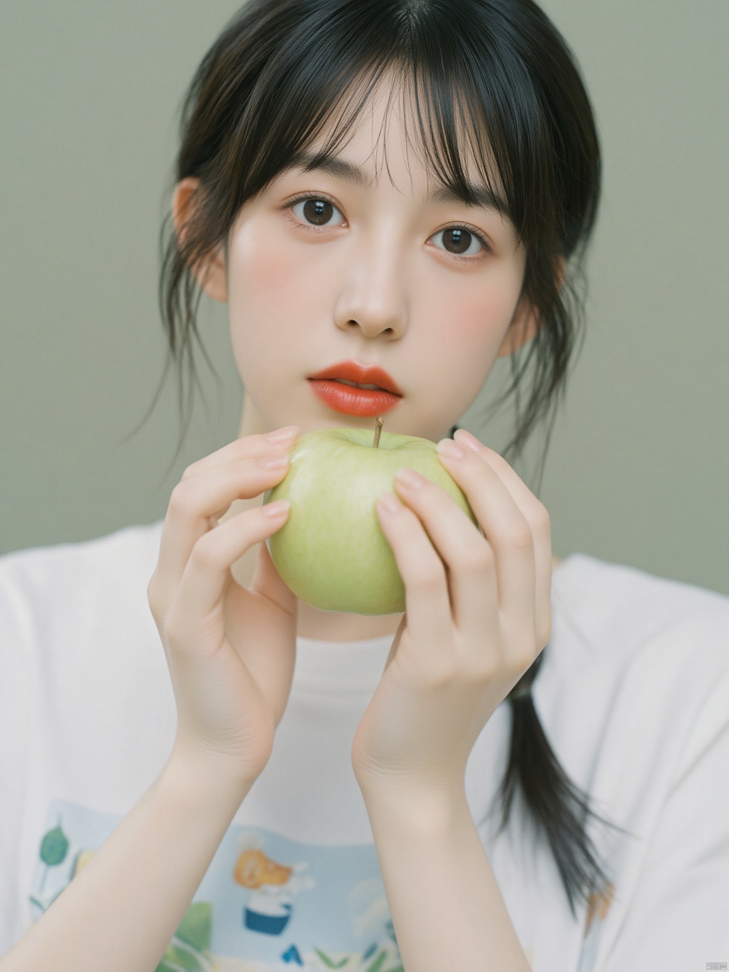 Fujifilm\(hubggirl)\, 
a close-up shot captures a young Asian woman holding a green apple in her hands. The woman's eyes are a piercing blue, and her hair is styled in a sleek bob. She is wearing a white t-shirt with a blue design on the front, adding a pop of color to the scene. Her lips are painted a vibrant red, and she's lips are pursed in a soft, velvety texture. The apple she is holding is a verdant green, with a few white spots on it. The backdrop is blurred, creating a peaceful and natural setting.