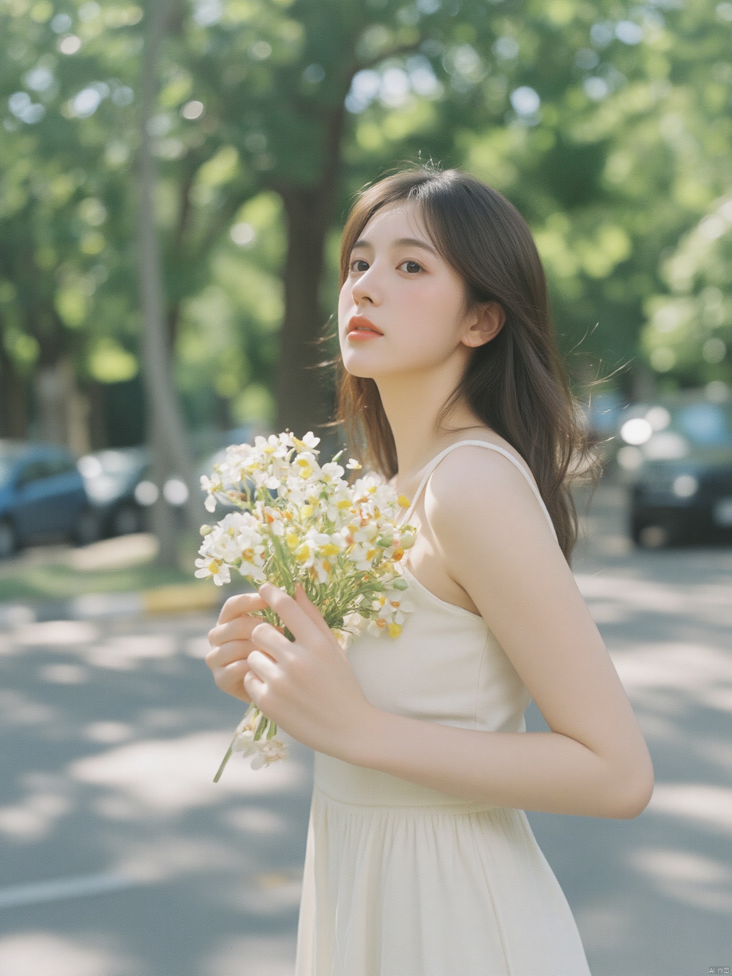 Fujifilm\(hubggirl)\, 
Captured at eye-level on a sunny day, a young Asian girl with long brown hair, dressed in a cream-colored dress, is holding a bouquet of white and yellow flowers in her left hand. She is standing on a paved road, with cars parked on the left side of the road. In the background, a forest of trees is visible. The sun is shining through the trees, creating a soft glow on the scene.