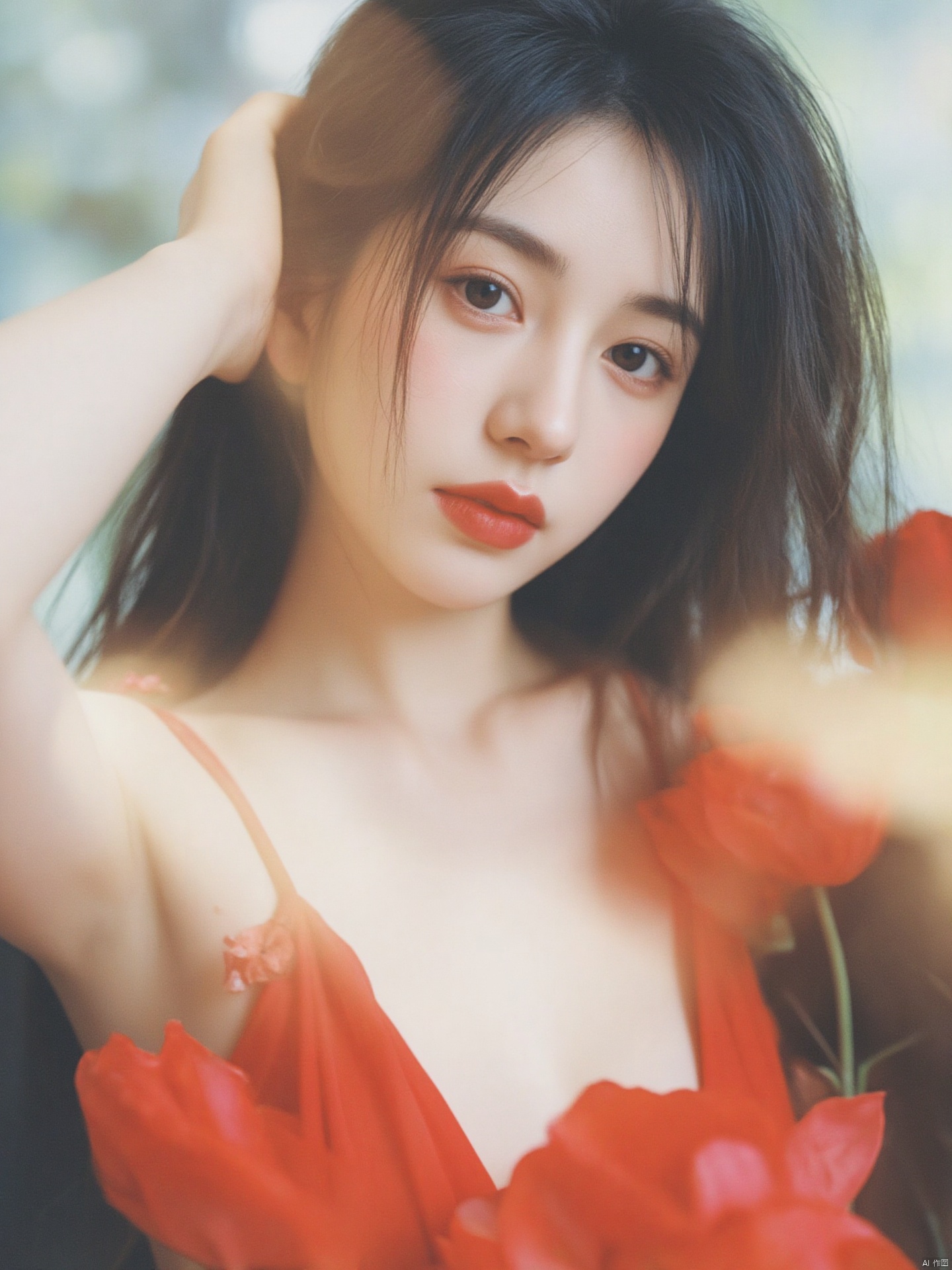 Fujifilm\(hubggirl)\, 
a close-up shot of a young Asian woman with long dark brown hair, wearing a red sleeveless dress, is adorned with a white smile. Her lips are painted with red lipstick, adding a pop of color to her face. The woman's hair is pulled back, cascading down her shoulders, framing her forehead. She is holding a flower in her right hand, her left hand resting on her head. The background is blurred, creating a soft glow on the woman's face.