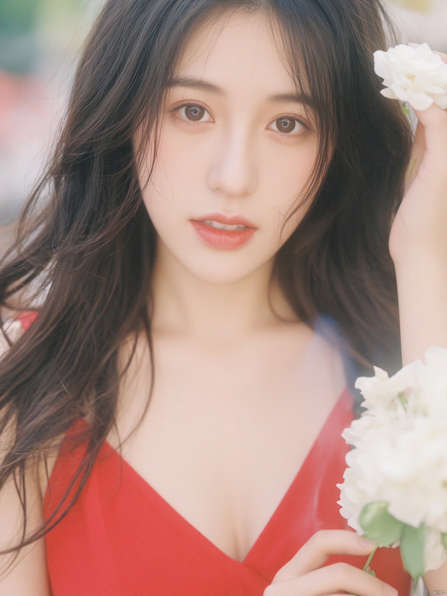 Fujifilm\(hubggirl)\, 
a close-up shot of a young Asian woman with long dark brown hair, wearing a red sleeveless dress, is adorned with a white smile. Her lips are painted with red lipstick, adding a pop of color to her face. The woman's hair is pulled back, cascading down her shoulders, framing her forehead. She is holding a flower in her right hand, her left hand resting on her head. The background is blurred, creating a soft glow on the woman's face.