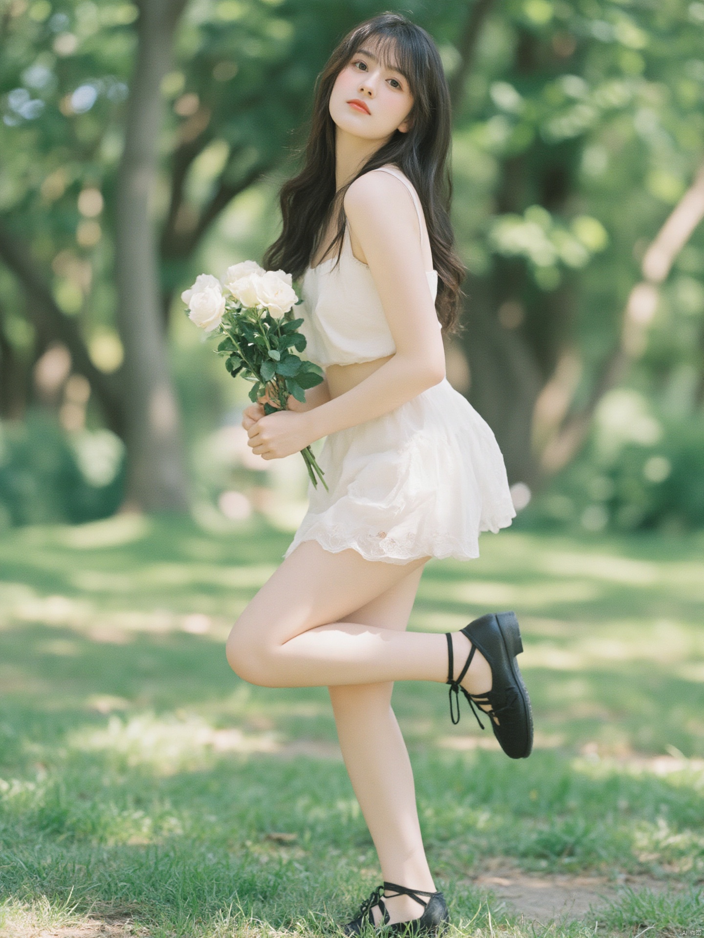 Fujifilm\(hubggirl)\, 
Captured at eye-level on a sunny day, a young Asian woman, dressed in a white dress and black shoes, is holding a bouquet of white roses in her right hand. She is standing on a patch of grass, with her left leg bent at the knee. The woman's hair is long and cascades in a ponytail, and she is smiling. The background is blurred, suggesting a forest of trees. The sun is shining, creating a soft glow on the scene.