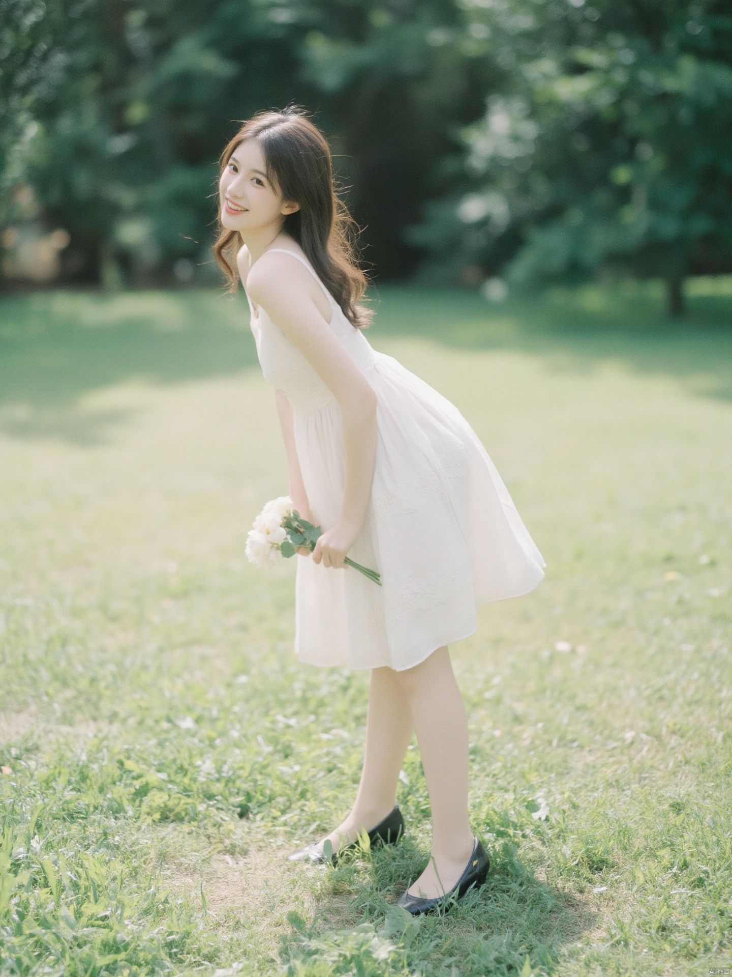 Fujifilm\(hubggirl)\, 
Captured at eye-level on a sunny day, a young Asian woman, dressed in a white dress and black shoes, is holding a bouquet of white roses in her right hand. She is standing on a patch of grass, with her left leg bent at the knee. The woman's hair is long and cascades in a ponytail, and she is smiling. The background is blurred, suggesting a forest of trees. The sun is shining, creating a soft glow on the scene.