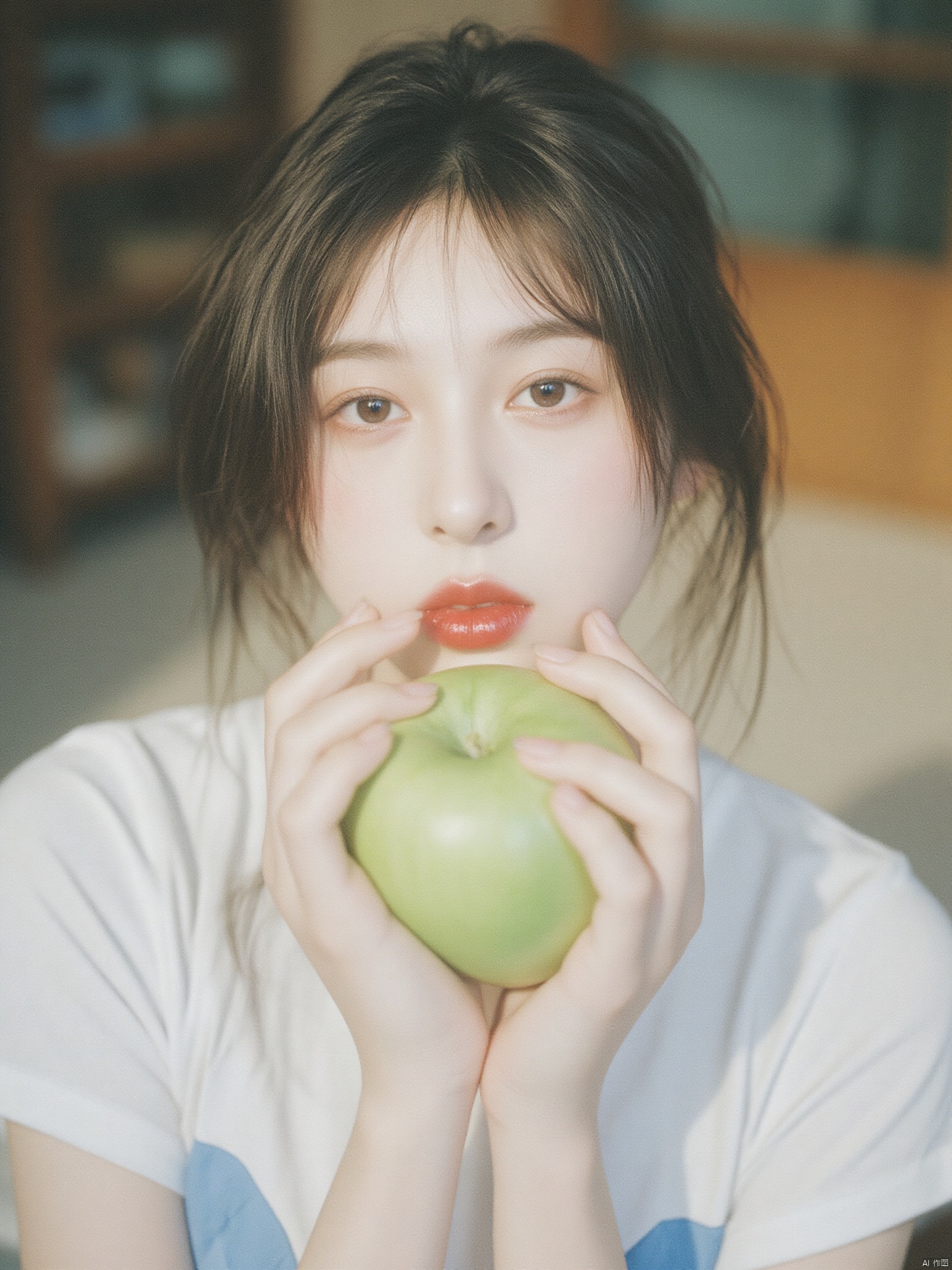 Fujifilm\(hubggirl)\, 
a close-up shot captures a young Asian woman holding a green apple in her hands. The woman's eyes are a piercing blue, and her hair is styled in a sleek bob. She is wearing a white t-shirt with a blue design on the front, adding a pop of color to the scene. Her lips are painted a vibrant red, and she's lips are pursed in a soft, velvety texture. The apple she is holding is a verdant green, with a few white spots on it. The backdrop is blurred, creating a peaceful and natural setting.