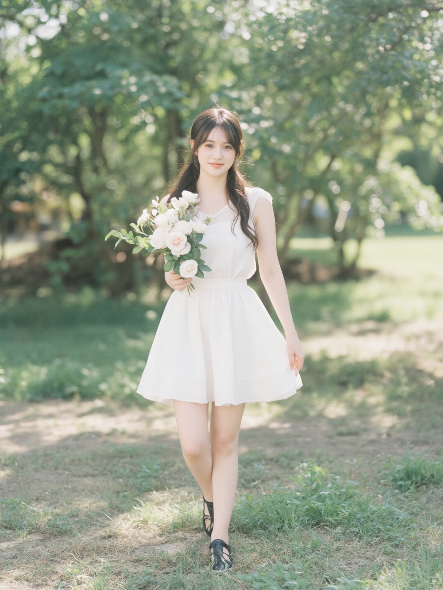 Fujifilm\(hubggirl)\, 
Captured at eye-level on a sunny day, a young Asian woman, dressed in a white dress and black shoes, is holding a bouquet of white roses in her right hand. She is standing on a patch of grass, with her left leg bent at the knee. The woman's hair is long and cascades in a ponytail, and she is smiling. The background is blurred, suggesting a forest of trees. The sun is shining, creating a soft glow on the scene.