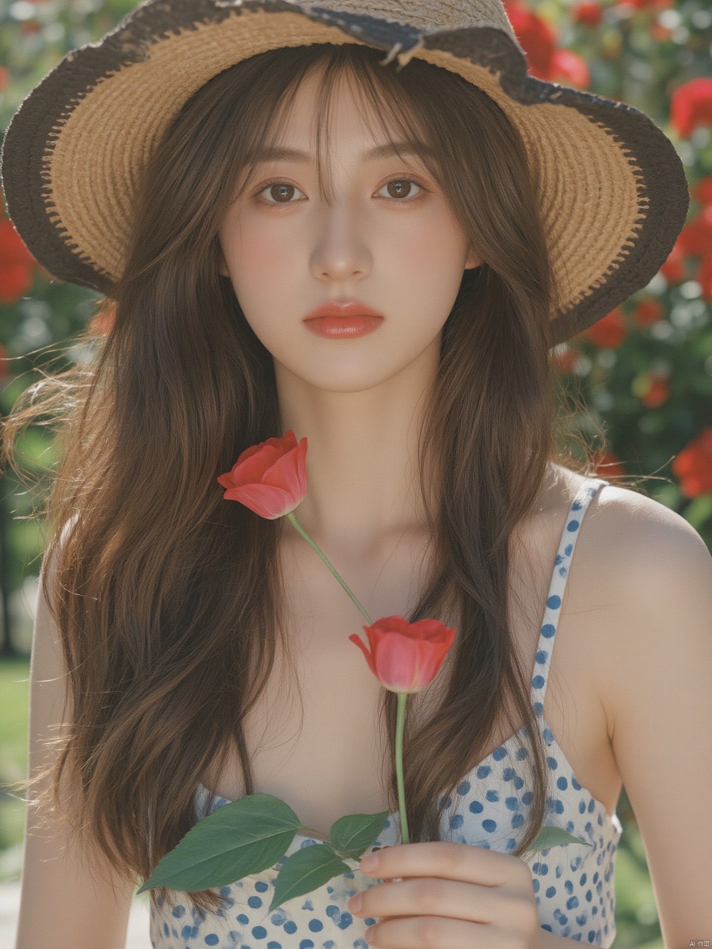 Fujifilm\(hubggirl)\, 
a close-up shot captures a young Asian woman with long dark brown hair, wearing a straw hat adorned with black dots. She is wearing a white sleeveless shirt with a blue and white dotted pattern. Her left hand is holding a red flower, adding a touch of color to the scene. The background is blurred, suggesting a garden of flowers, adding depth to the composition.
