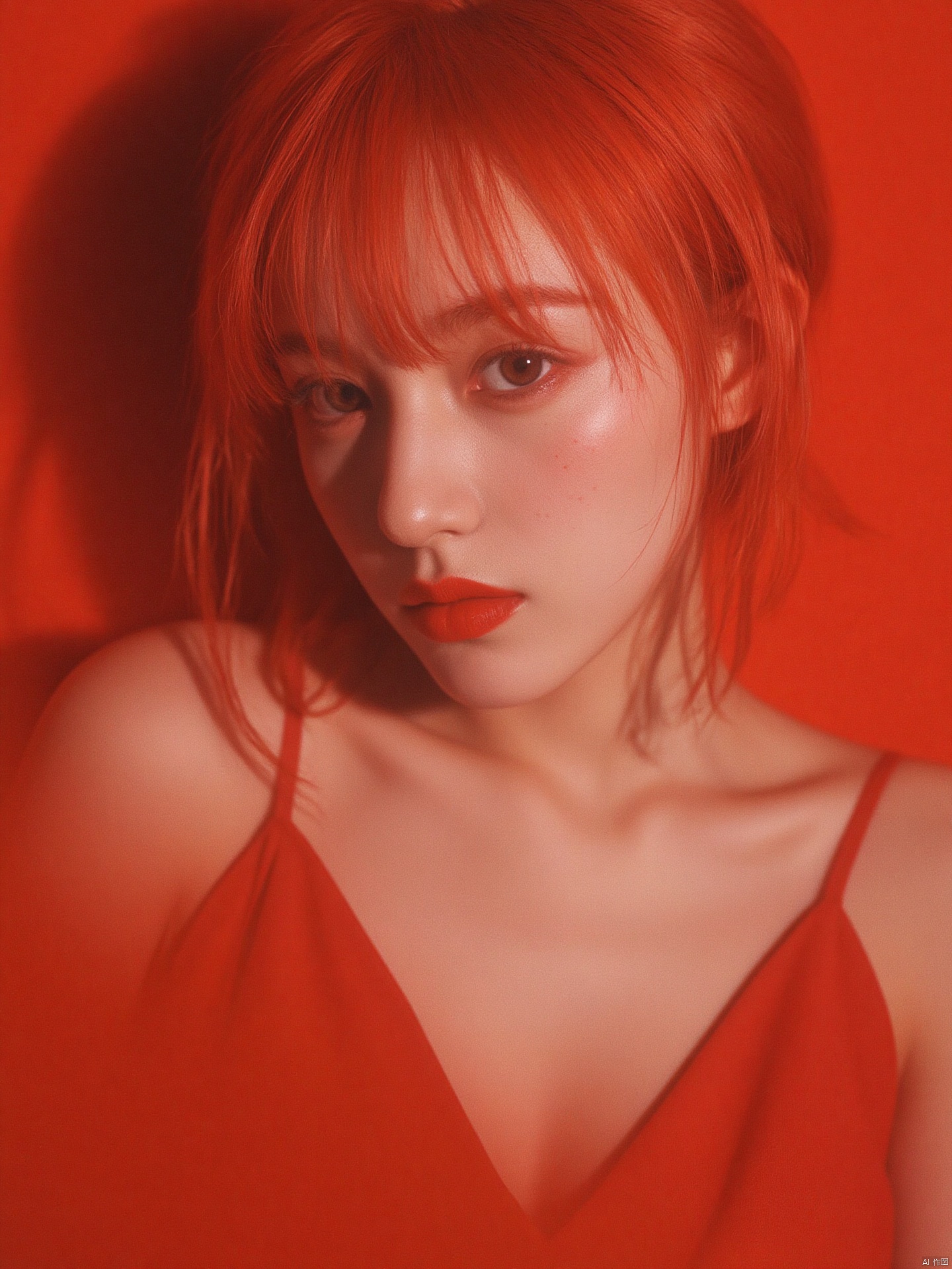 Fujifilm\(hubggirl)\, Captured on film, a masterpiece of intimacy: a stunning hubgwoman, 22 years old, poses solo in a close-up portrait with a fisheye lens (1.2). The red theme is amplified by her fiery locks, silver eyes, bold red lipstick, and subtle blush. Freckles scatter across her cheeks, adding to the whimsical charm. She dons a simple yet seductive red dress, showcasing her cleavage and natural skin texture. A light smile plays on her lips, exuding pure innocence. The shallow depth of field creates a dreamy atmosphere, with detailed lighting highlighting her features against a romantic red wall background. Intricate details abound in this cinematic masterpiece.hubg_beauty_face