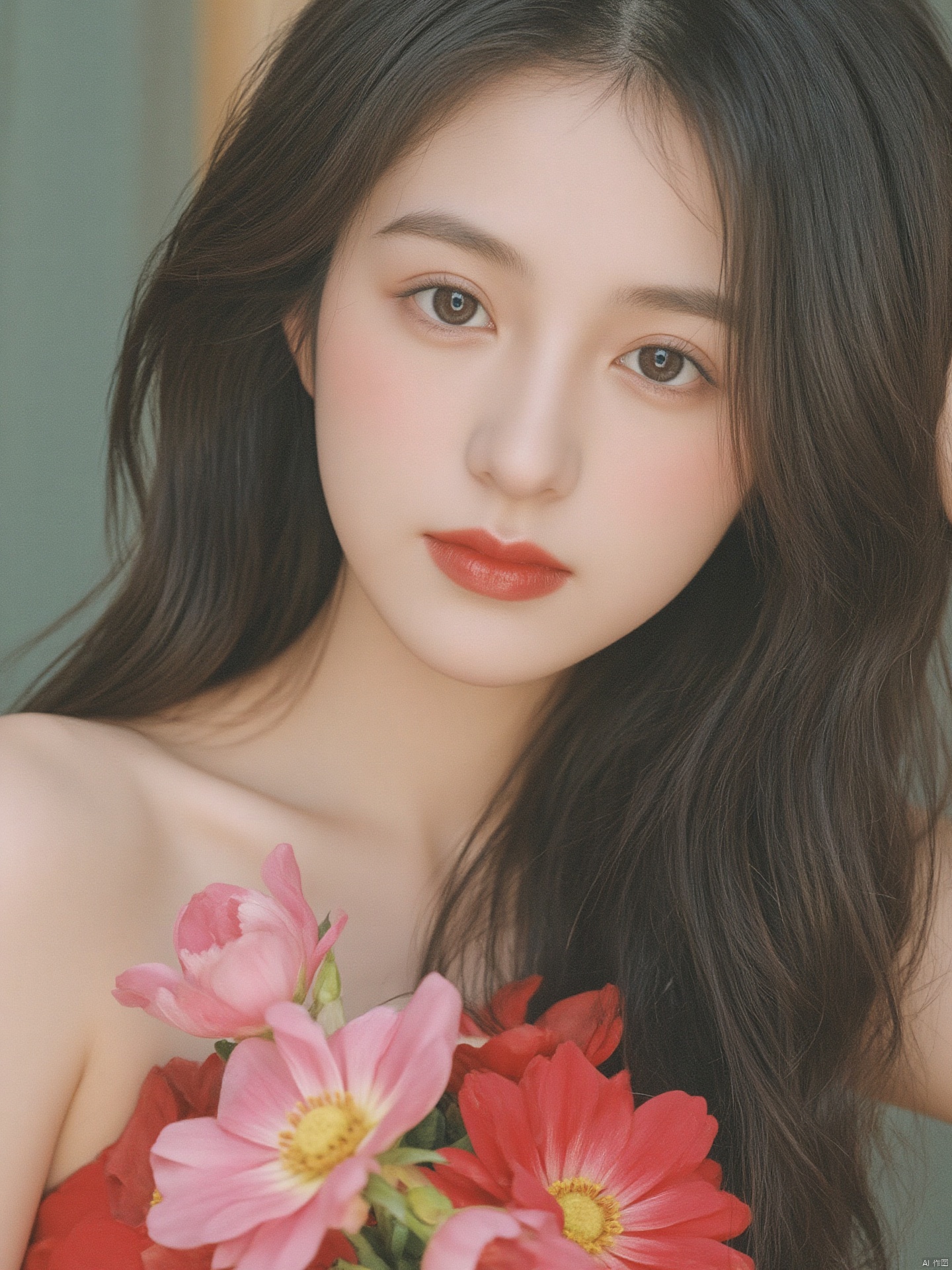 Fujifilm\(hubggirl)\, 
a close-up shot of a young Asian woman with long dark brown hair, wearing a red sleeveless dress, is adorned with a white smile. Her lips are painted with red lipstick, adding a pop of color to her face. The woman's hair is pulled back, cascading down her shoulders, framing her forehead. She is holding a flower in her right hand, her left hand resting on her head. The background is blurred, creating a soft glow on the woman's face.