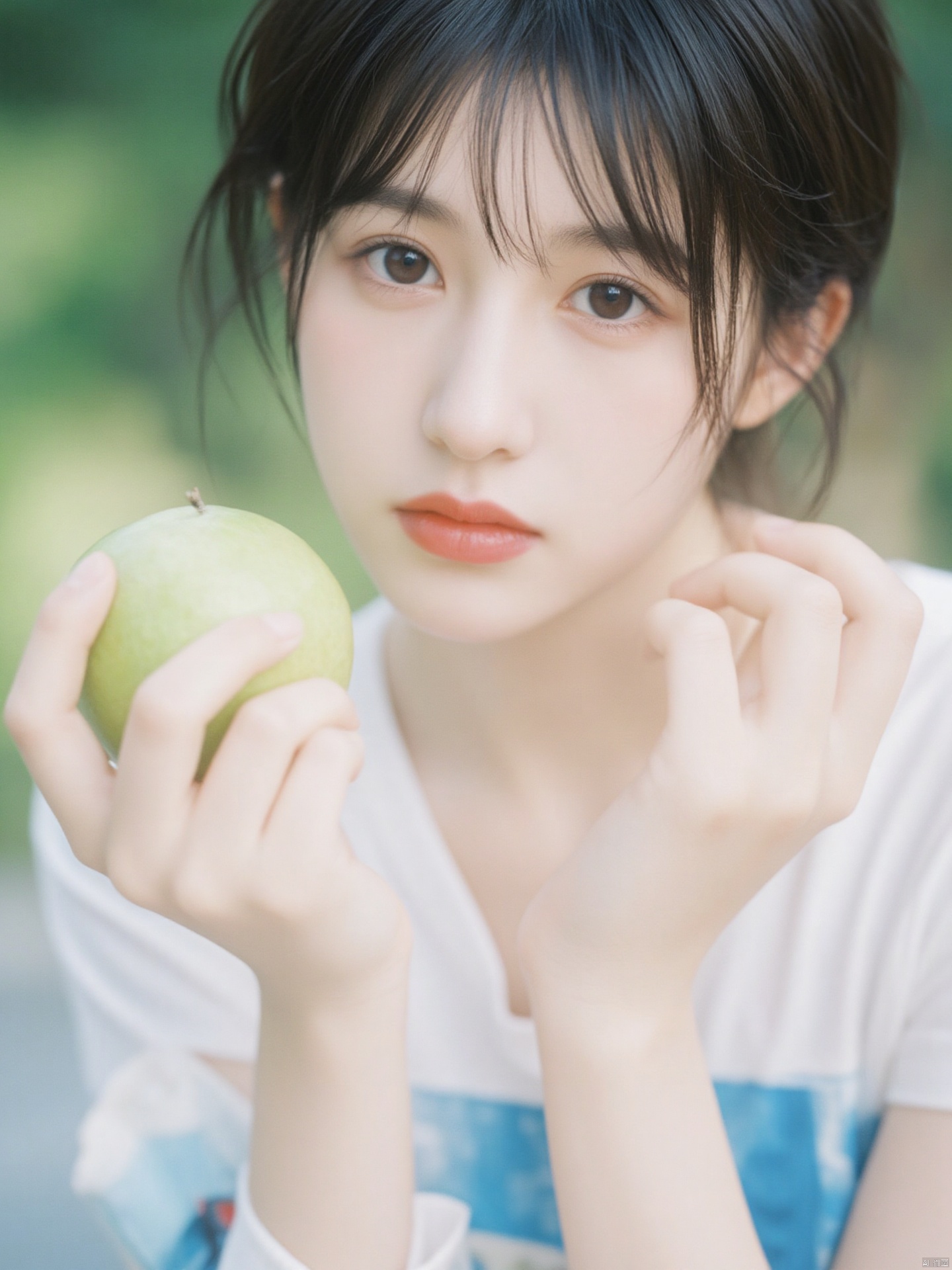 Fujifilm\(hubggirl)\, 
a close-up shot captures a young Asian woman holding a green apple in her hands. The woman's eyes are a piercing blue, and her hair is styled in a sleek bob. She is wearing a white t-shirt with a blue design on the front, adding a pop of color to the scene. Her lips are painted a vibrant red, and she's lips are pursed in a soft, velvety texture. The apple she is holding is a verdant green, with a few white spots on it. The backdrop is blurred, creating a peaceful and natural setting.