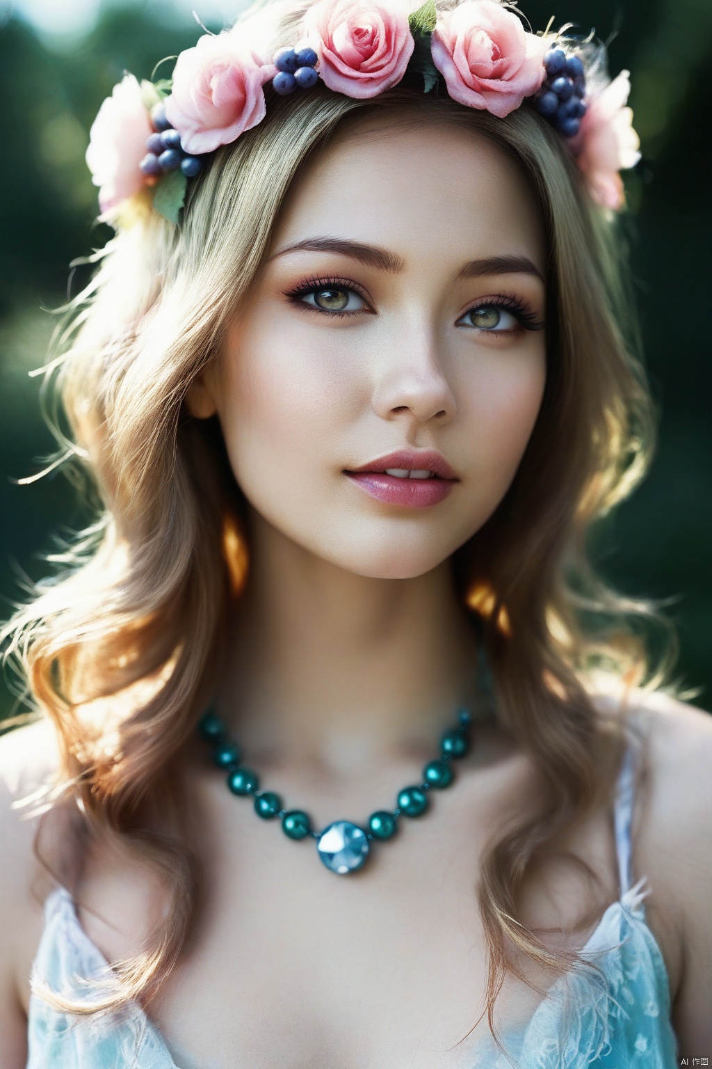 a high-resolution, softly lit photograph featuring a young Asian woman with a delicate, ethereal appearance. She has long, wavy hair in a soft pink hue, styled with bangs that frame her face. Her skin is a smooth, pale complexion, and her eyes are a striking feature, with a subtle, shimmery effect that catches the light. Her lips are painted a soft, muted pink, and she wears a delicate, beaded necklace around her neck. The background is a soft, creamy white, which helps to emphasize the subject's delicate features and the soft pastel colors of her hair and accessories. The image is rich in texture and detail, with a focus on the subject's serene and dreamy expression. The overall aesthetic is whimsical and romantic, evoking a sense of innocence and vulnerability. The photograph's soft focus and pastel colors create a dreamy, ethereal atmosphere, perfect for a fantasy or fairy tale-inspired setting. The subject's delicate features and accessories, such as the floral headpiece, add to the enchanting and otherworldly quality of the image. The style is reminiscent of high-fashion photography, with a focus on delicate, feminine beauty.,score_9 score_8_up score_7_up,