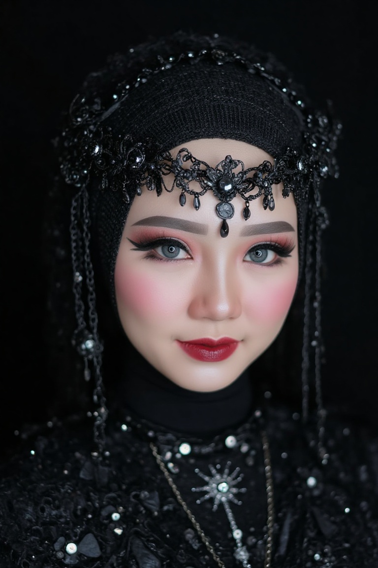 Close-up MUA photography of a hijab asian young woman with a gothic themed outfit and a dark backdrop,  in the style of MU...