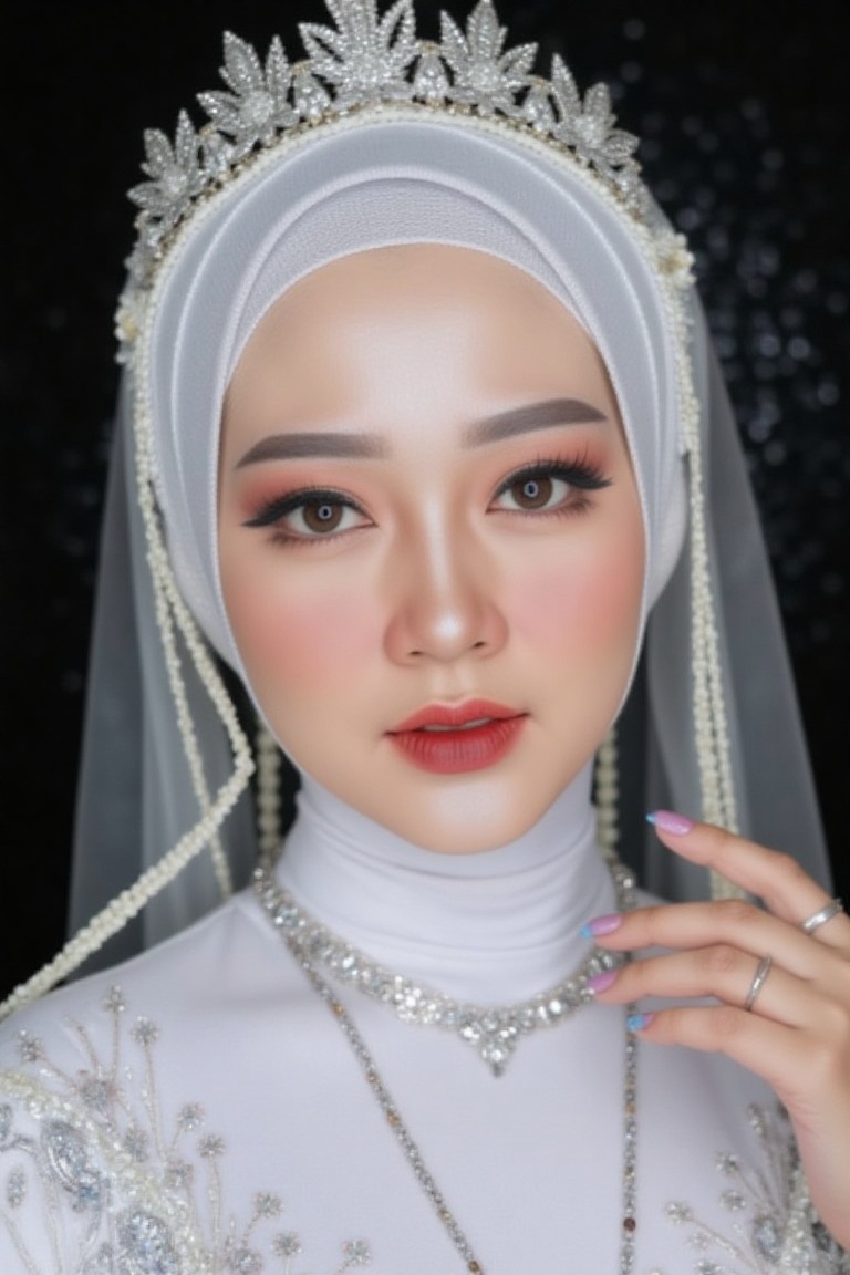 Close-up MUA photography of Biyori,  a hijab woman with a white color themed outfit and a dark backdrop,  in the style of...