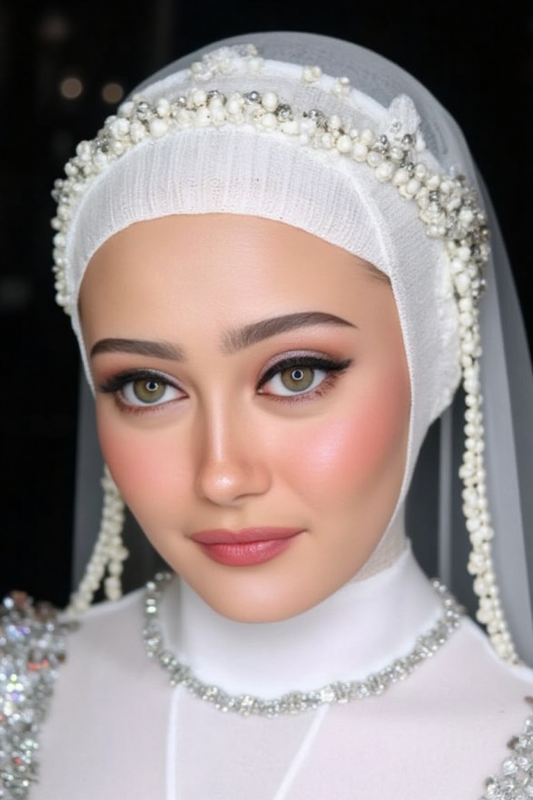 Close-up MUA photography of ellaPurnell,  a hijab woman with a white color themed outfit and a dark backdrop,  in the styl...