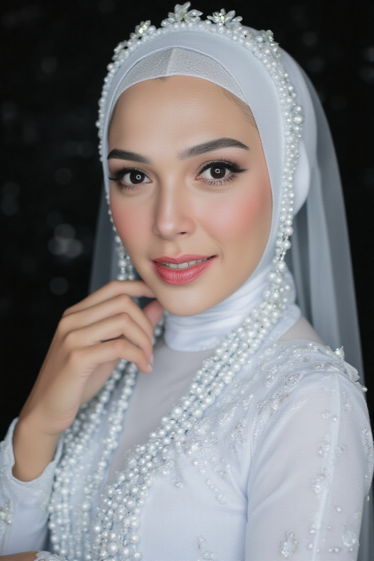 Close-up MUA photography of gal gadot,  a hijab woman with a white color themed outfit and a dark backdrop,  in the style...