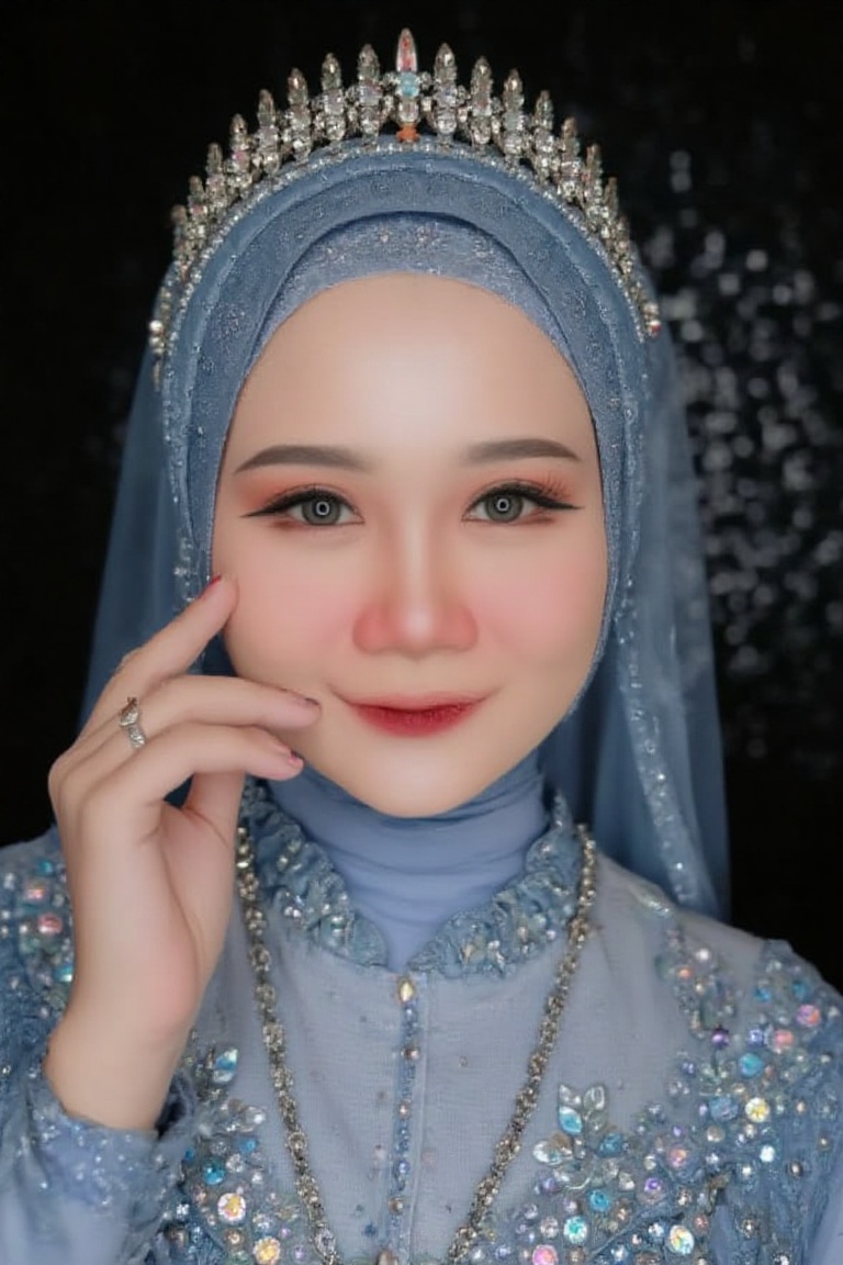 Close-up MUA photography of cl1ent,  a hijab asian young woman with a blue color themed outfit and a dark backdrop,  in th...