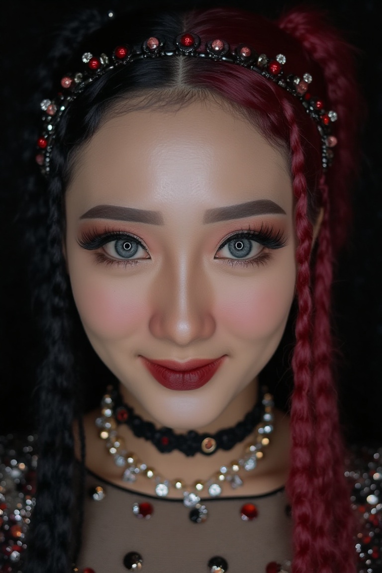 Close-up MUA photography of a hijab asian young woman with a harley quinn themed outfit and a dark backdrop,  in the style...