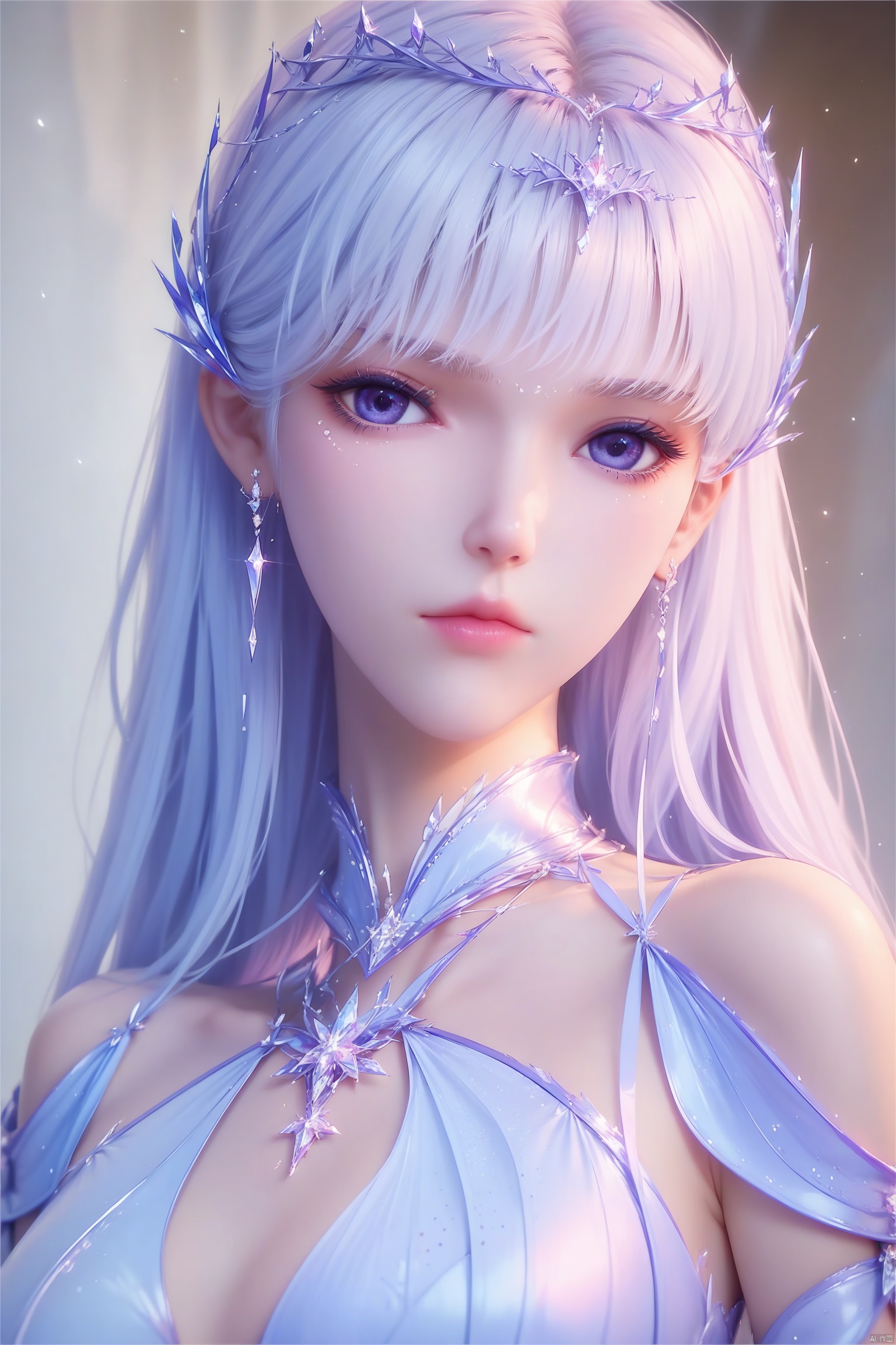 score_9, score_8_up, score_7_up,highly detailed digital, 
1girl, solo, long hair, looking at viewer, bangs, blue eyes, hair ornament, dress, jewelry, closed mouth, purple eyes, upper body, white hair, earrings, lips, tiara,
ultra realistic 8k cg, ,masterpiece,figure base transparent