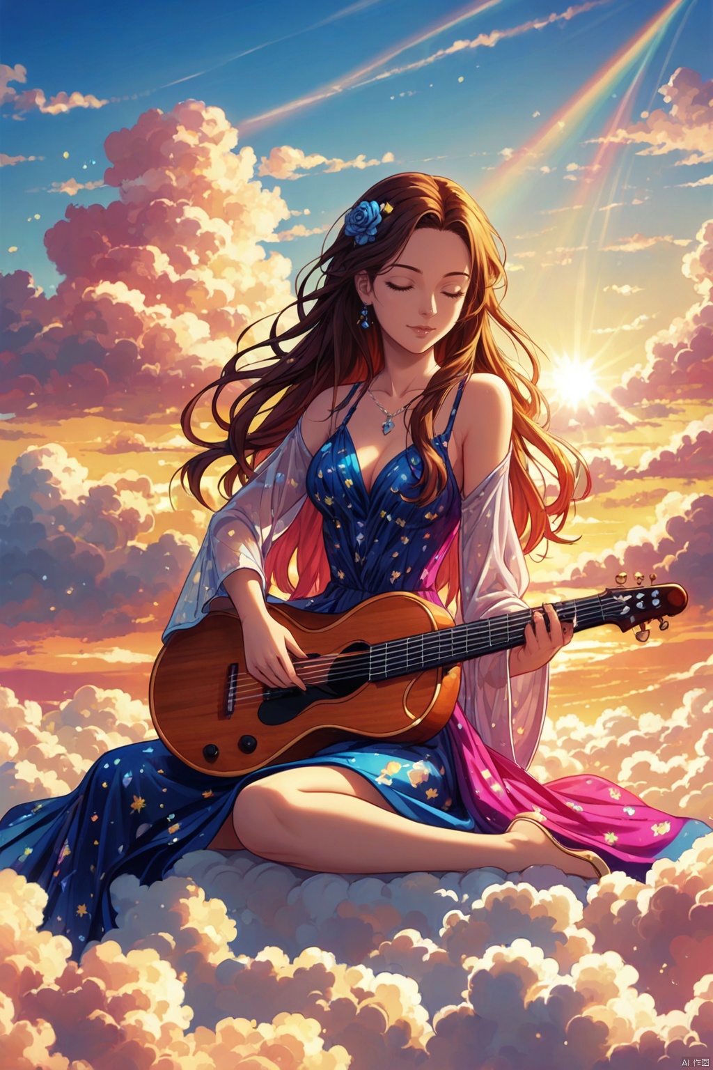 1women, dress, playing musical instruments, sitting on the colorful clouds, sky, sunshine, beautiful