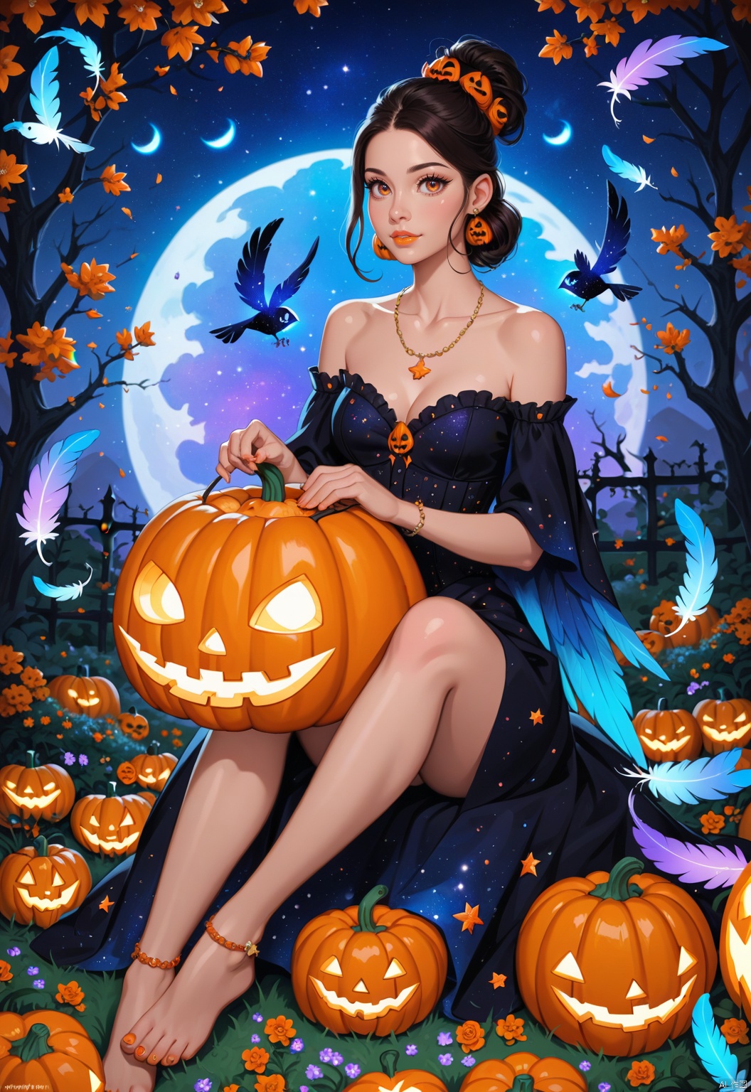 A serene 8K photo of a  girl (GG),((lots of galaxy+halloween color feathers):1.3), orange tone color, cute face, sitting, Hair pumpkin, decorative art, In the flowers,earrings,eyelashes,a charming face,glowing lips,clavicle,shoulder exposure,floating petals,dreamy and beautiful,bare legs,full body,yc-hd,score_9 score_8_up score_7_up,